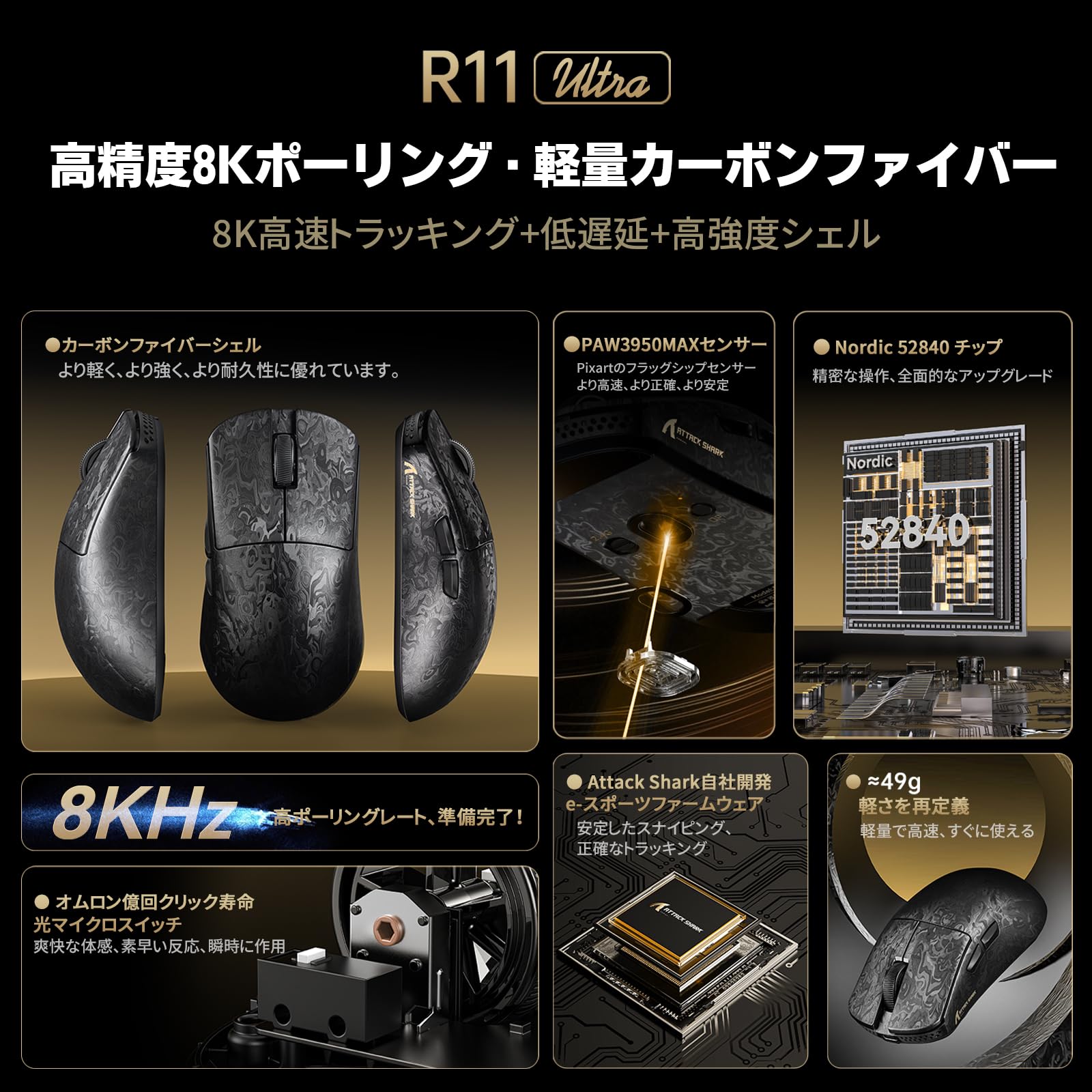Amazon | MAMBASNAKE × ATTACK SHARK R11Ultra 黒羽 8000Hz ワイヤレス