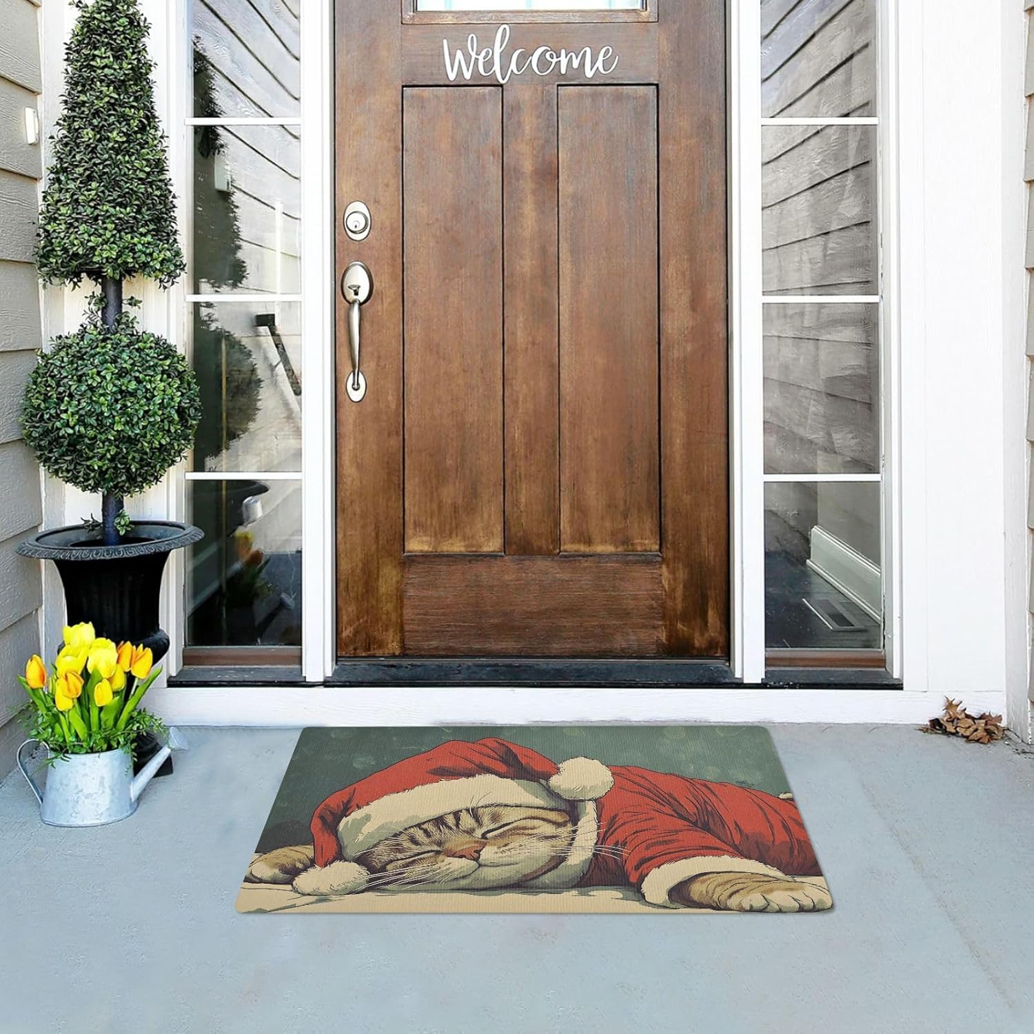 Doormat Cat Christmas Hat Cute Outdoor Indoor Doormat Low Profile Non-Slip Floor Mats for Home Entrance Funny Cute Cool Doormat 20” x 32”