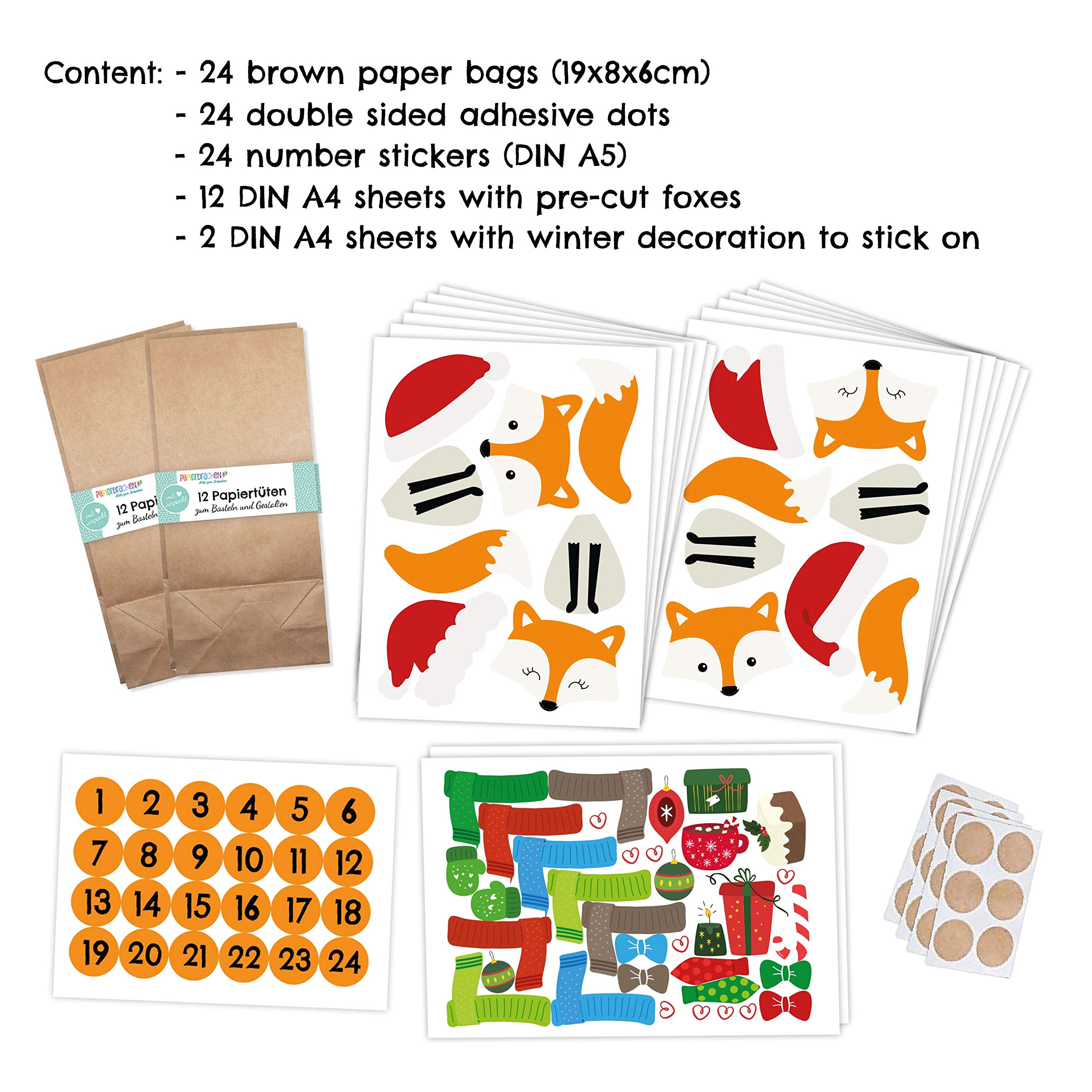 Papierdrachen Calendario de adviento DIY para Rellenar - Zorros troquelados - con 24 Bolsas de Papel marrón para Rellenar tú Mismo y Hacerlo tú Mismo - Navidad 2021 para niños. — view 7