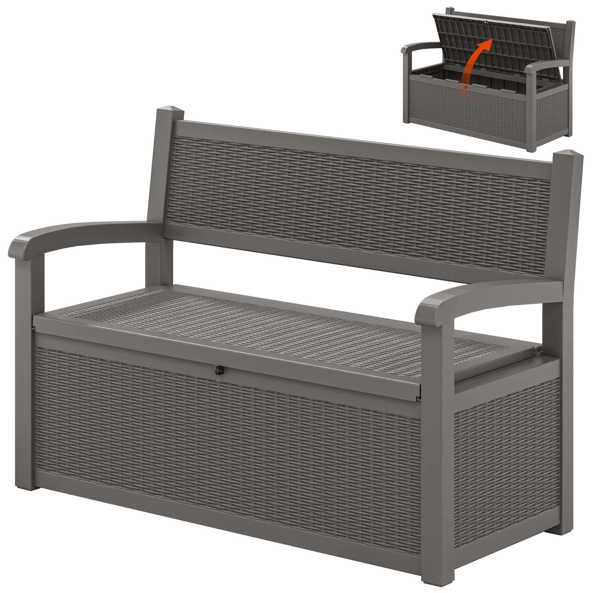 LHBcraft 70 Gallon Outdoor Storage Bench Deck Box Lockable for Patio Furniture, Outdoor Porch Bench with Storage Waterproof for Cushions, Garden Tools