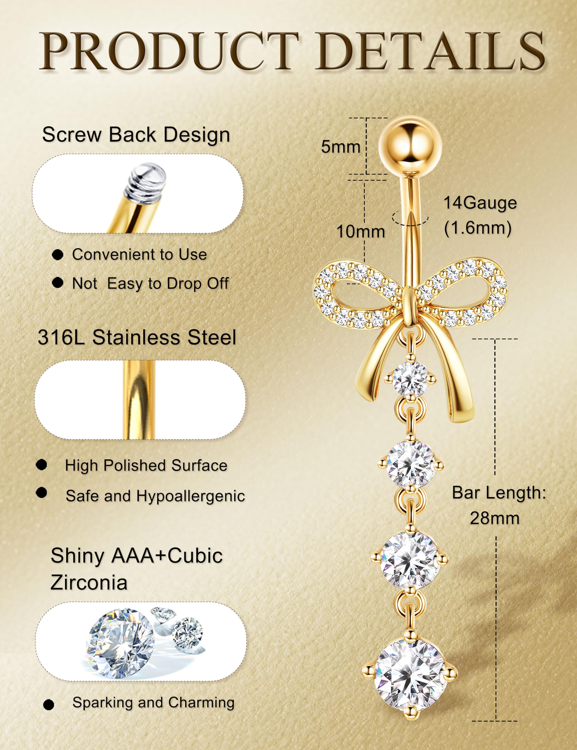 JeryWe 8Piezas Piercing Ombligo Acero Quirurgico Kit Piercing Nombril Hipoalergénicos Anillo Ombligo Colgante Acero Inoxidable 14G Cubic Zirconia Set Piercings Oro/Plata — view 2