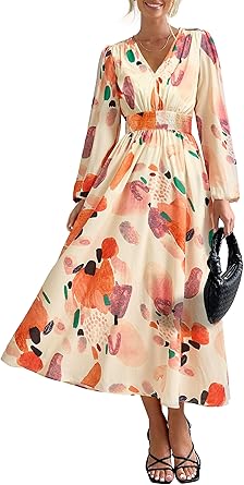 PRETTYGARDEN Women's Floral Midi Dress Casual Fall V Neck Long Sleeve Flowy Spring Beach Wedding Guest Vacation Dresses