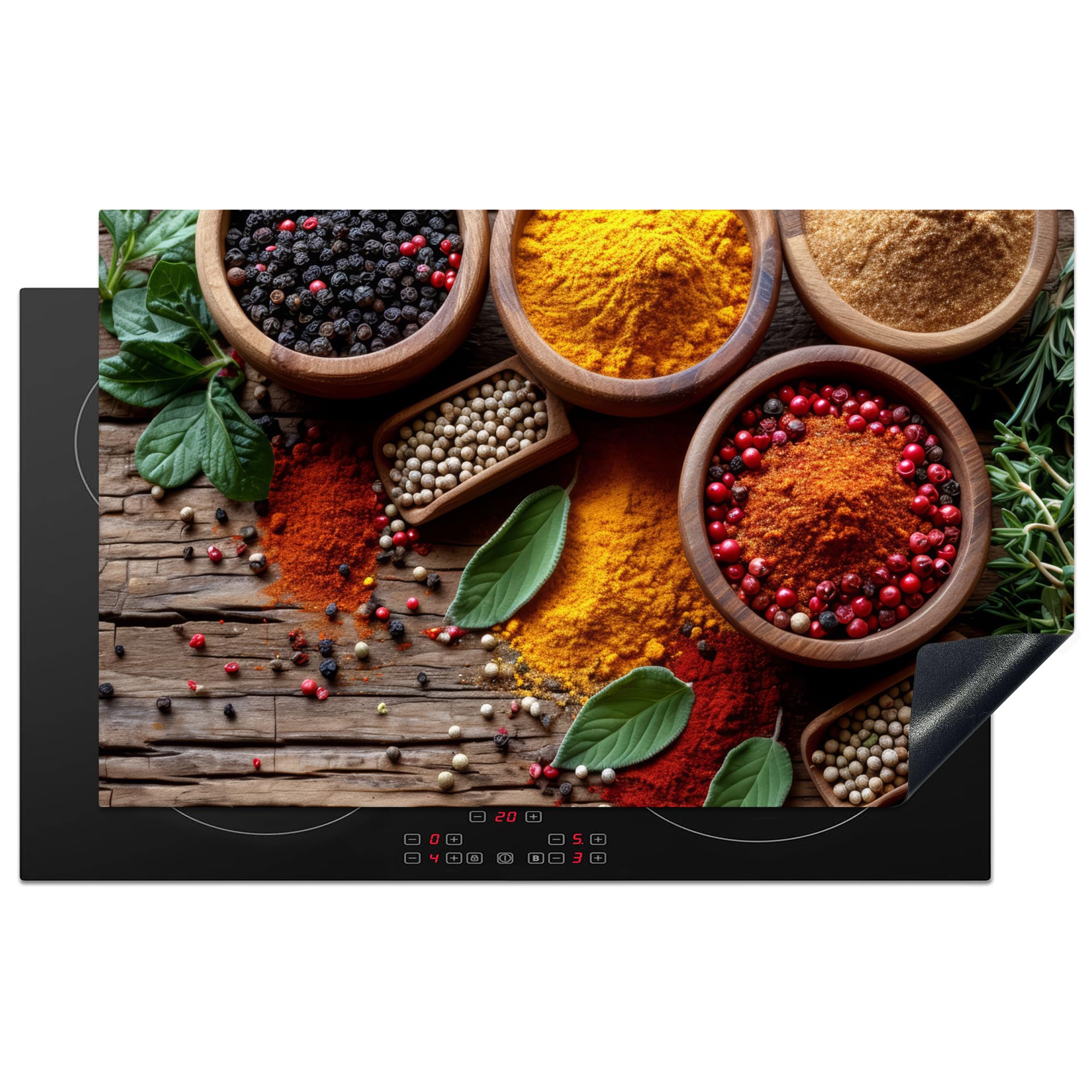 KitchenYeah© Induction Hob Protector Mat 20.5"x33.5" / 85x52 cm Cooker Top Protectors Cover Ceramic Covers Electric Hobs Vinyl Herbs - Wood Texture - Cooking - Spices