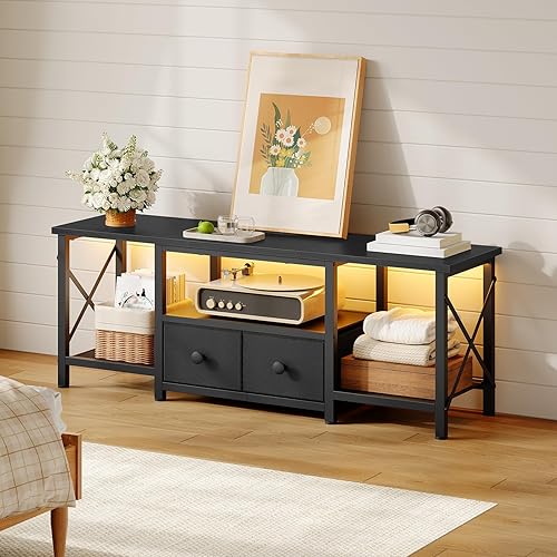 Miniatura 8 de Soporte de TV pequeño con luces LED, centro de entretenimiento con 2 cajones de tela y estantes de malla, mesa consola de TV multimedia para