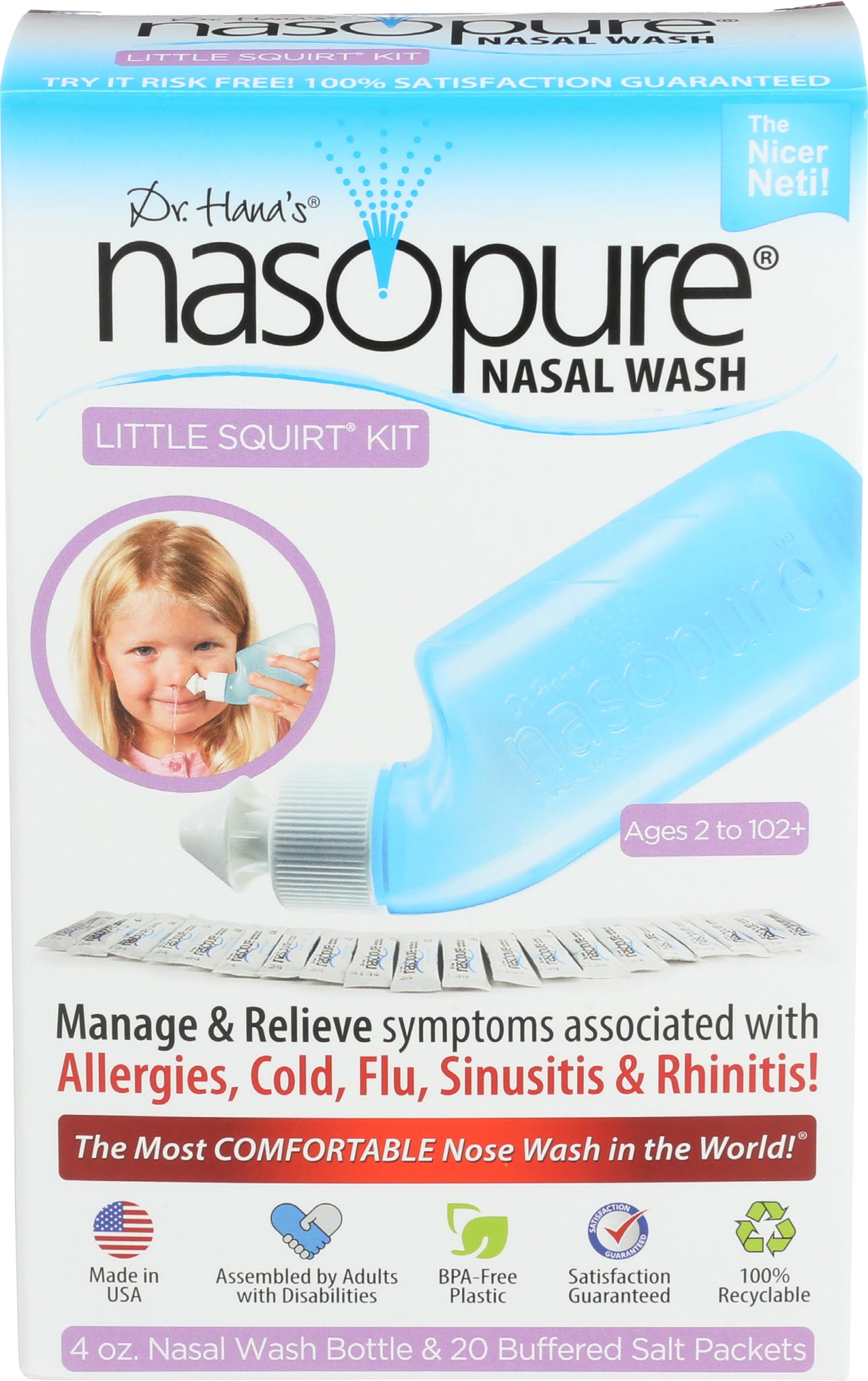 Nasopure Nasal Wash, Little Squirt Kit, “The Nicer Neti Pot” Sinus Wash Kit, Comfortable Nasal Rinse 4 Oz Bottle & 20 Salt Packets (3.75 Gr Each), Nasal Congestion, Cold, Allergy, Nasal Irrigation
