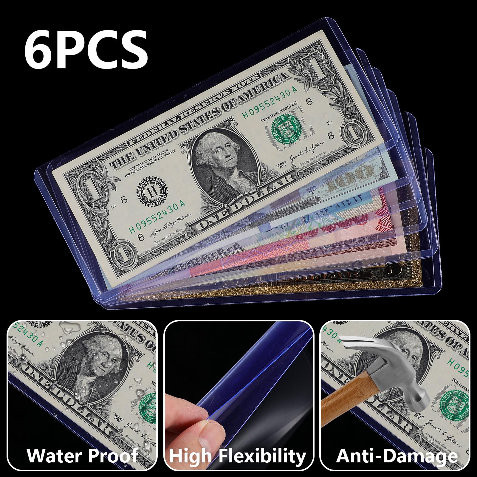 6 Pack Clear PVC Dollar Bill Sleeves - Rigid Currency Holders For Display & Protection, 6.8 X 2.95 Inches - View #2
