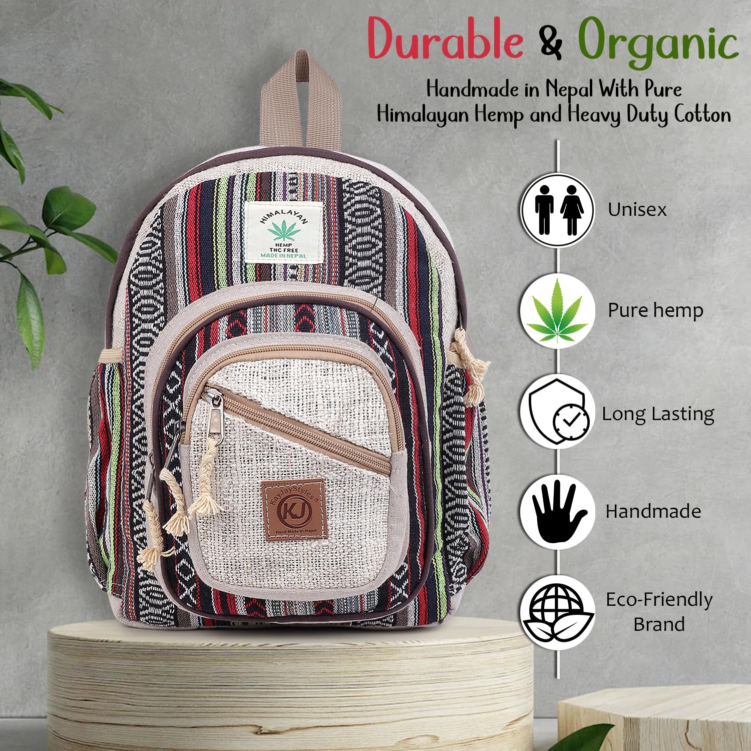 Zaino fatto a mano in canapa naturale Nepal per donne e ragazze, piccolo zaino leggero, Daypack1, M