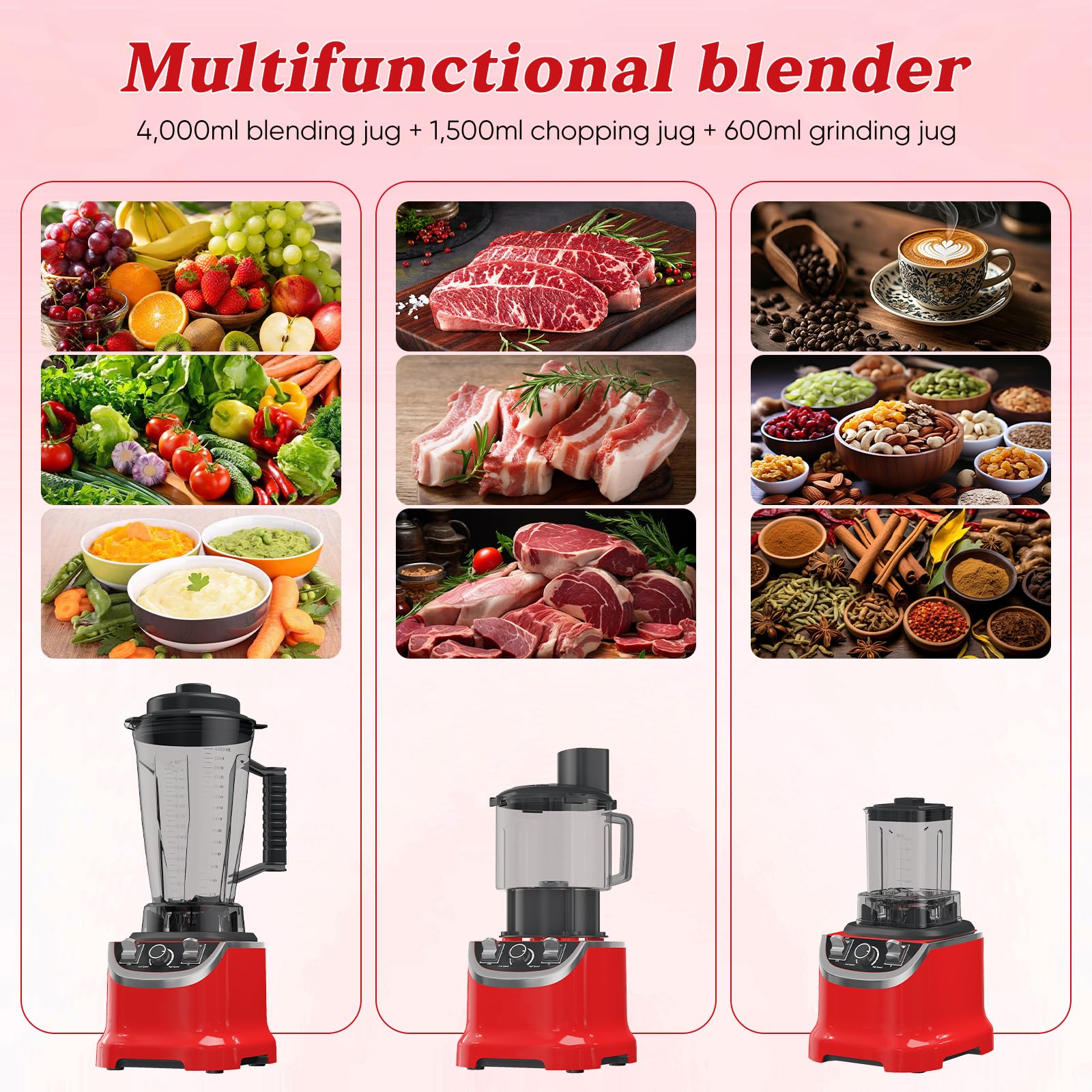 Batidora licuadora de 9500 W 3L, 32000 RPM, 8 en 1 batidora multipropósito con cuencos para jugo, picar, moler, amasar, rallar - acero inoxidable
