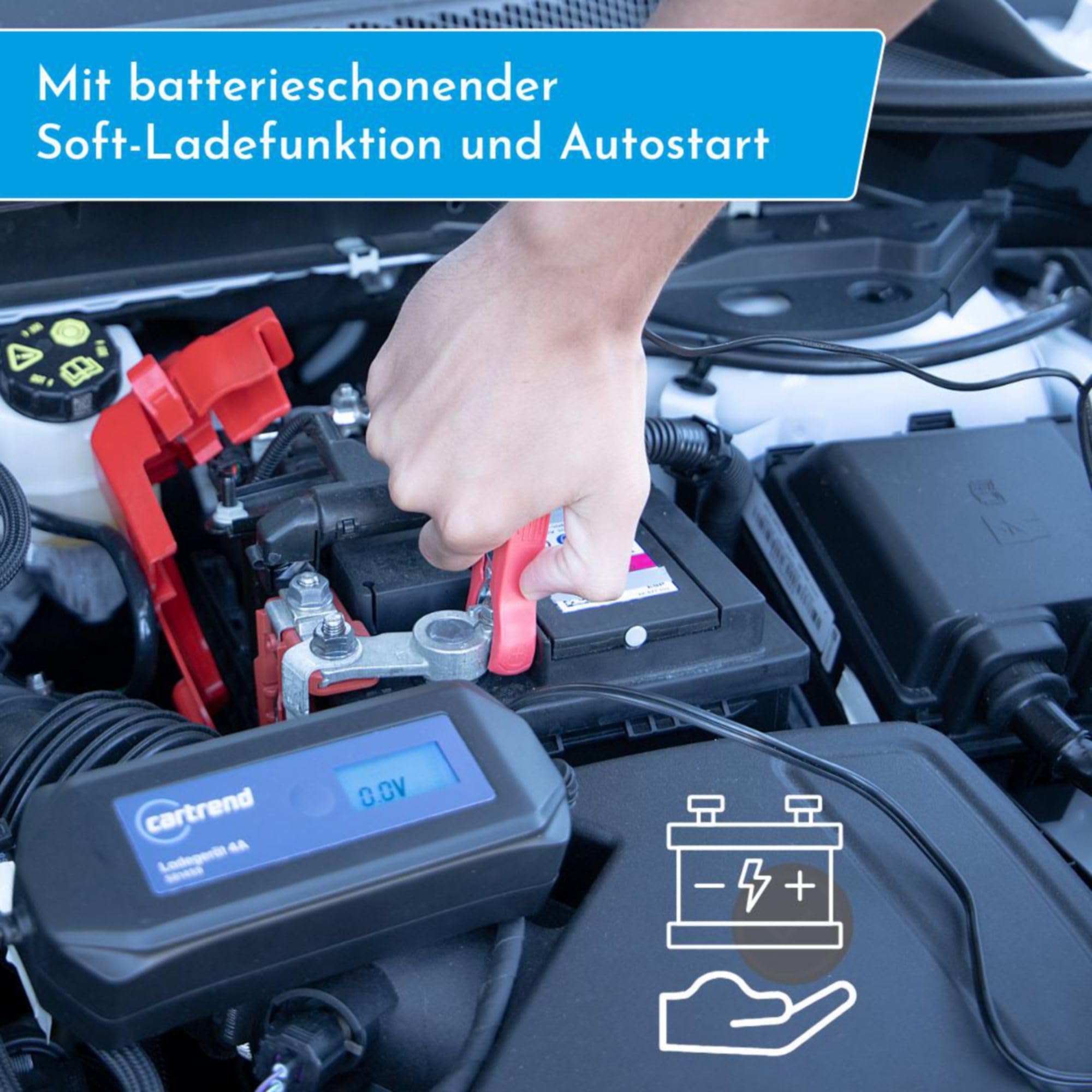 cartrend Mikroprozessor Batterieladegerät DP 4.1, 4A, automatische Diagnose- und Ladefunktion, Autostart nach Netzausfall, LCD-Anzeige, schutzisolierte Polklemmen, für Auto, Motorrad, Boote, Traktoren