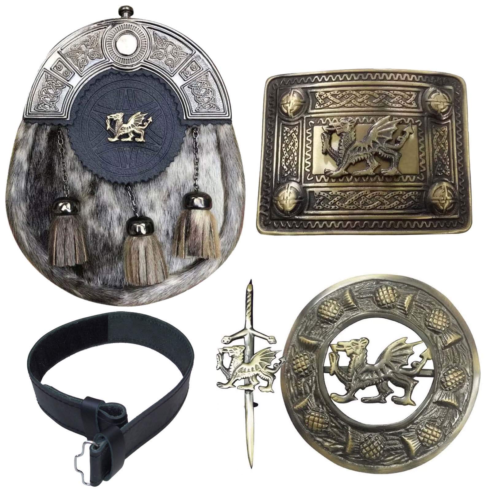 House Of Highland 77 Unisex Multicoloured Kilt Belt With Buckle Scottish Kilts Sporran With Badge Style Welsh Dragon/Kilt Pin/Fly Plaid Brooch 5 Piece Set (L)