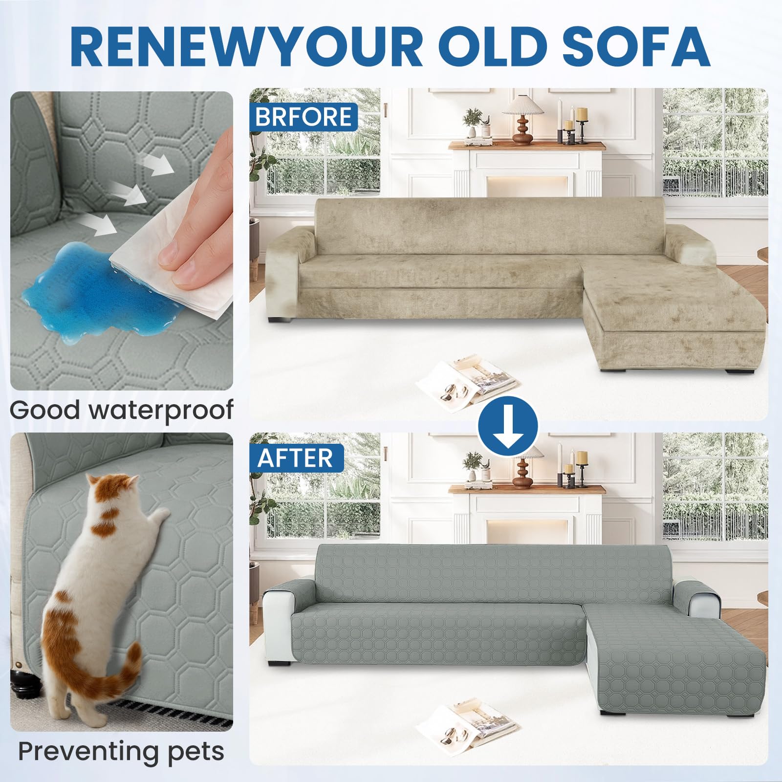 Ystyle Copridivano Impermeabile con Penisola 3 Posti (L 250 CM), Copridivano Angolare Destra/Sinistra Universale Reversibile, Copridivano Chaise Longue AntiGraffio Antimacchia, Grigio Chiaro