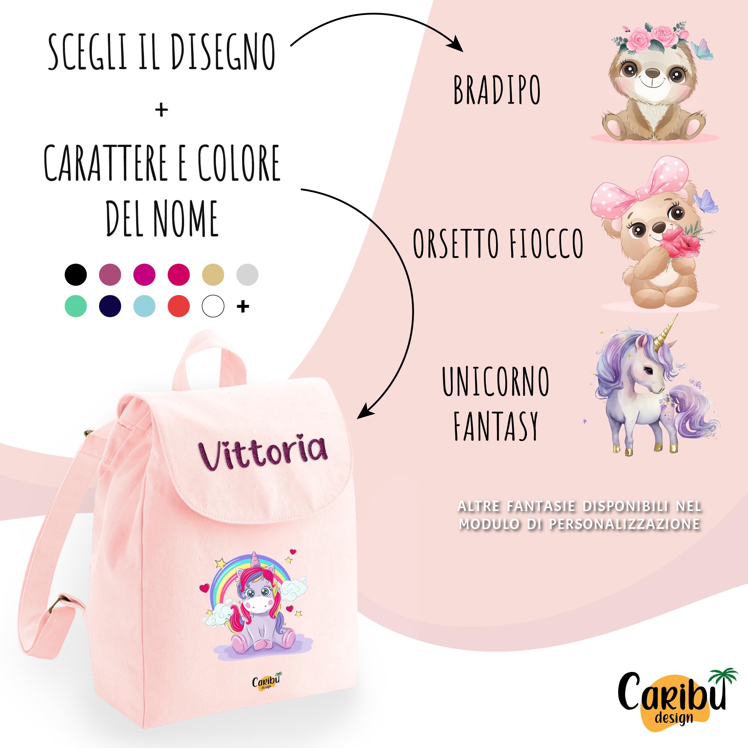 Zainetto Bambino Bambina 100% Cotone Organico Personalizzato con Nome - Zaino Piccolo da Bimbo - Cartella Personalizzabile per Scuola Asilo Materna Sport Gite Viaggi 22x30x12 cm