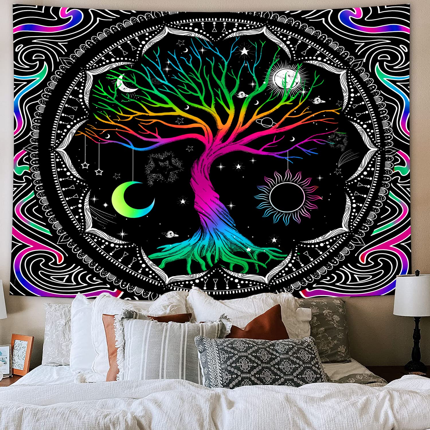 Wekoxo Tree of Life Tapestry Colorful Mystic Mandala Tapestry Sun And Moon Aesthetic Wall Hanging Bohemian Galaxy Stars Tapestry Hippie Wall Tapestry for Room Home Decor (H70.8" x W92.5")