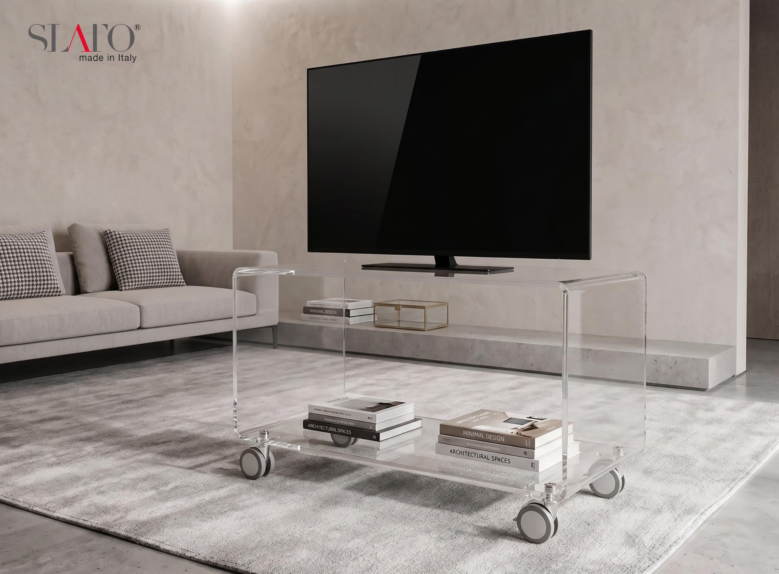 Slato Fedra Beistelltisch mit 2 Etagen, TV-Regal mit Rollen, modernes Design aus Acrylglas, hohe Dicke, transparent, hergestellt in Italien