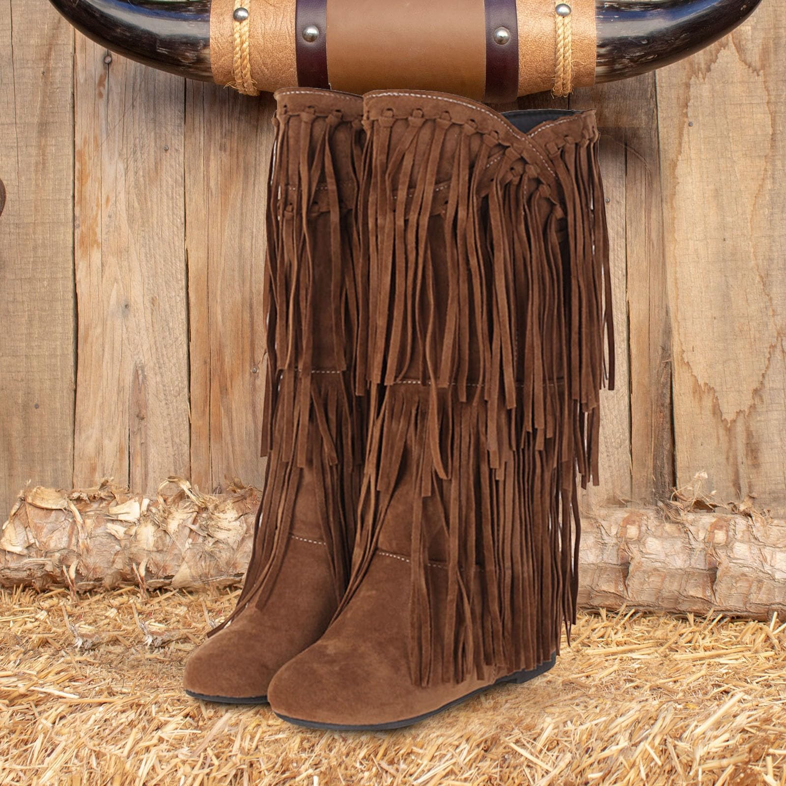 Generisch Botines para mujer, de ante y vaquero, clásicos, para verano, botas occidentales, elegantes, con flecos, botas de invierno