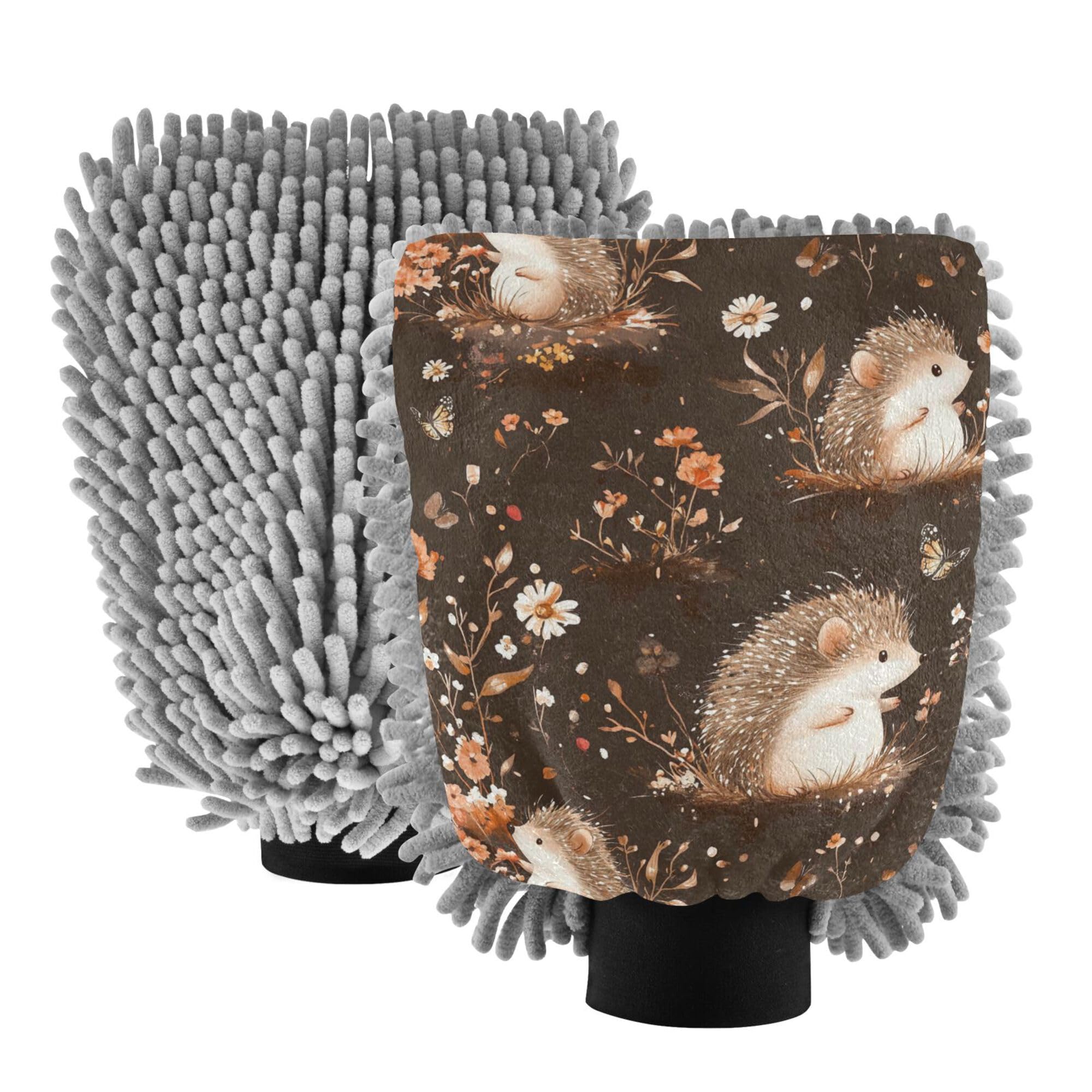 Cute Hedgehog Brown Car Wash Mit 11.8'' Car Washing Glove Scratch Free Cleaning Mitten for Auto Supplies