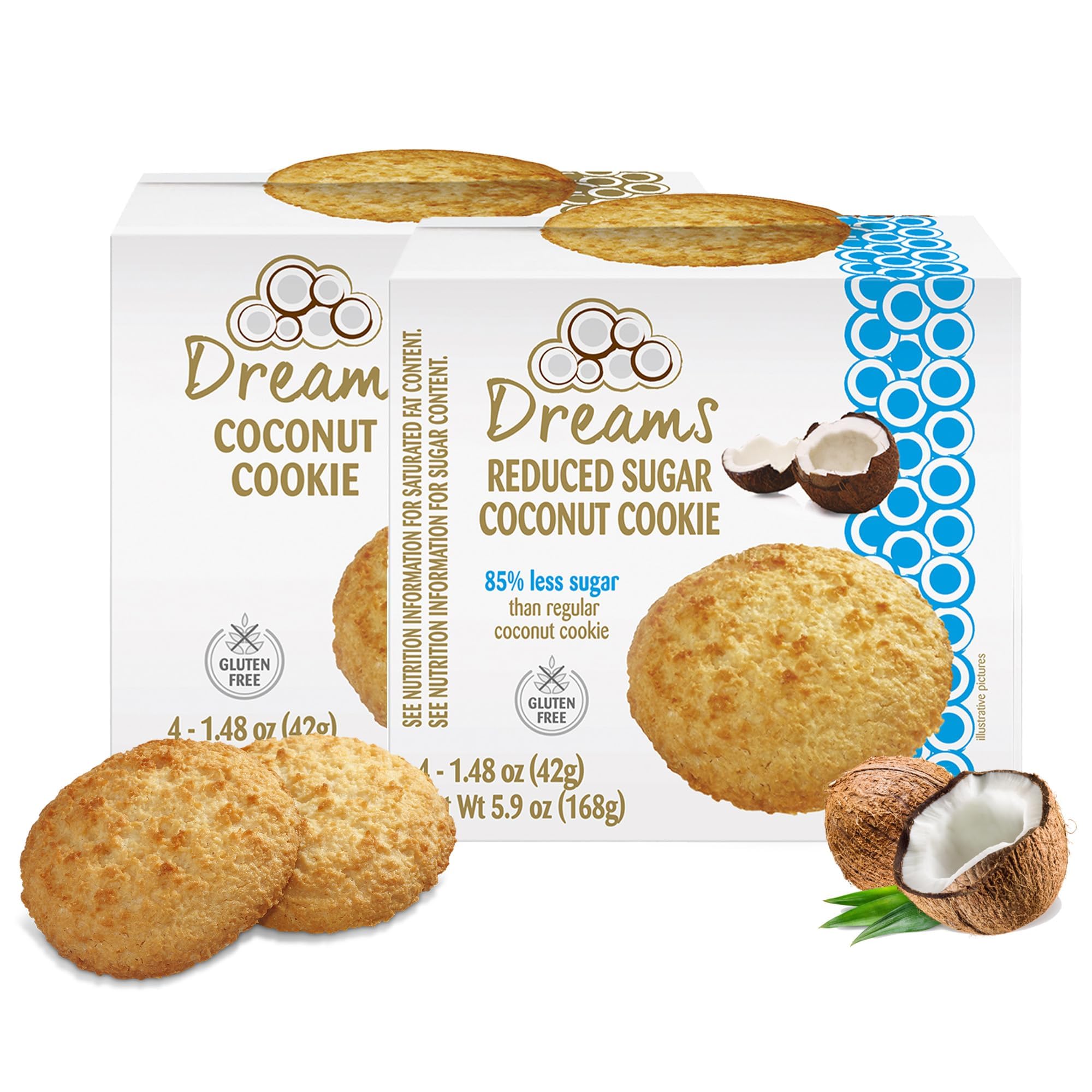 Dreams Large Coconut Cookies – 2 Boxes (8 Cookies Total), 1 Box of Plain Coconut & 85% Less Sugar Coconut, Gluten-Free, High Fiber, Guilt-Free, Wholesome Snack with an Artisanal Recipe (11.8oz / 336g)