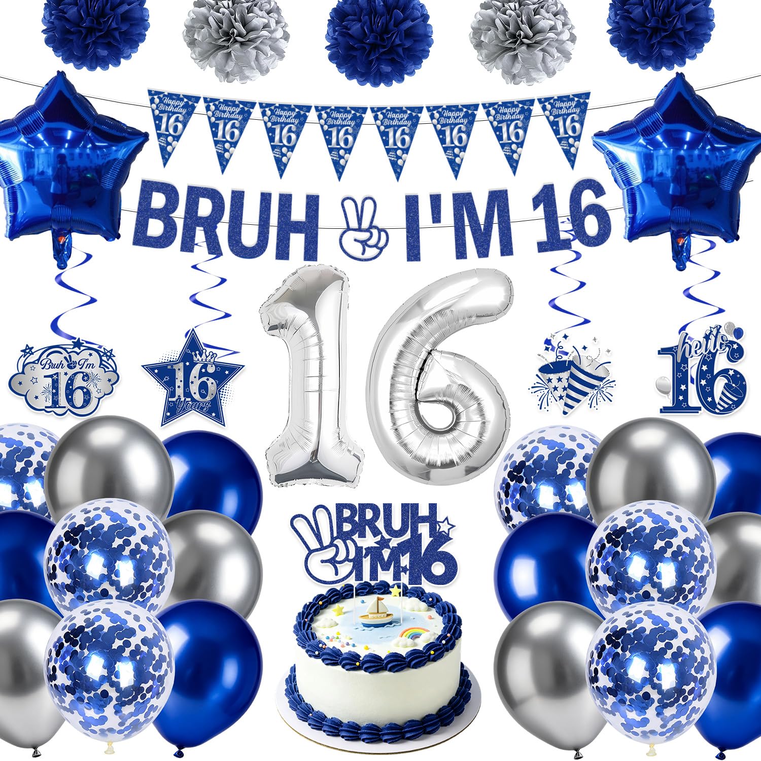 Eiapadeor 16th Birthday Decorations for Boys - 34 Pcs Blue Bruh I'M 16 Banners with Hanging Swirls Balloons Paper Pompoms Cake Toppers for Boys Happy 16 Years Old Birthday Party Decor Set