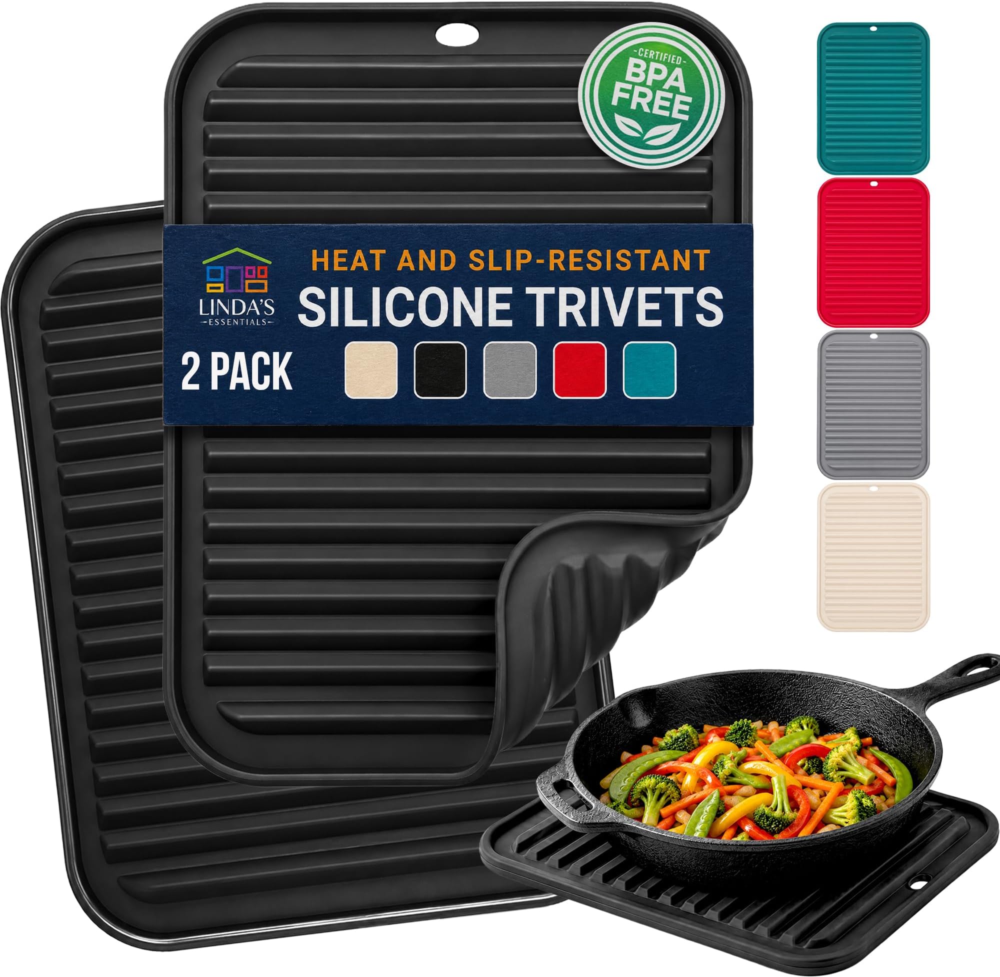 Silicone Trivets for Hot Dishes, Pots, Pans (2 Pack) - Heat-Resistant Pot Holders for Kitchen Countertop Mats - Silicone Trivet Mat (9 x 12 Inch) - Multipurpose Counter Pads (Black)