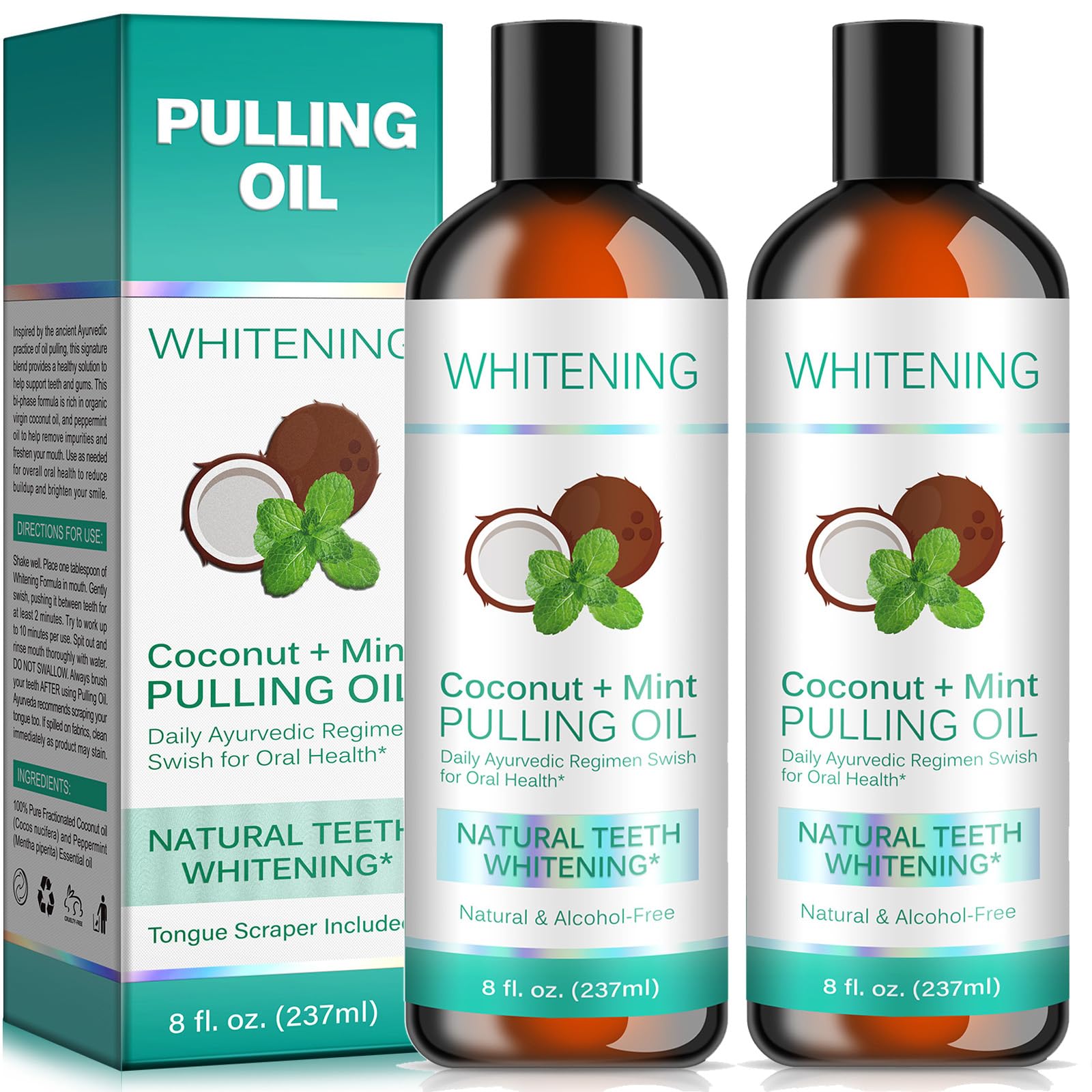 Coconut Pulling Oil 2Pack, Mint Oil Pulling Mouthwash with Tongue Scraper, Natural Coconut Oil Pulling for Teeth Whitening, Fresh Breath and Healthier Teeth & Gum (237mlx2)