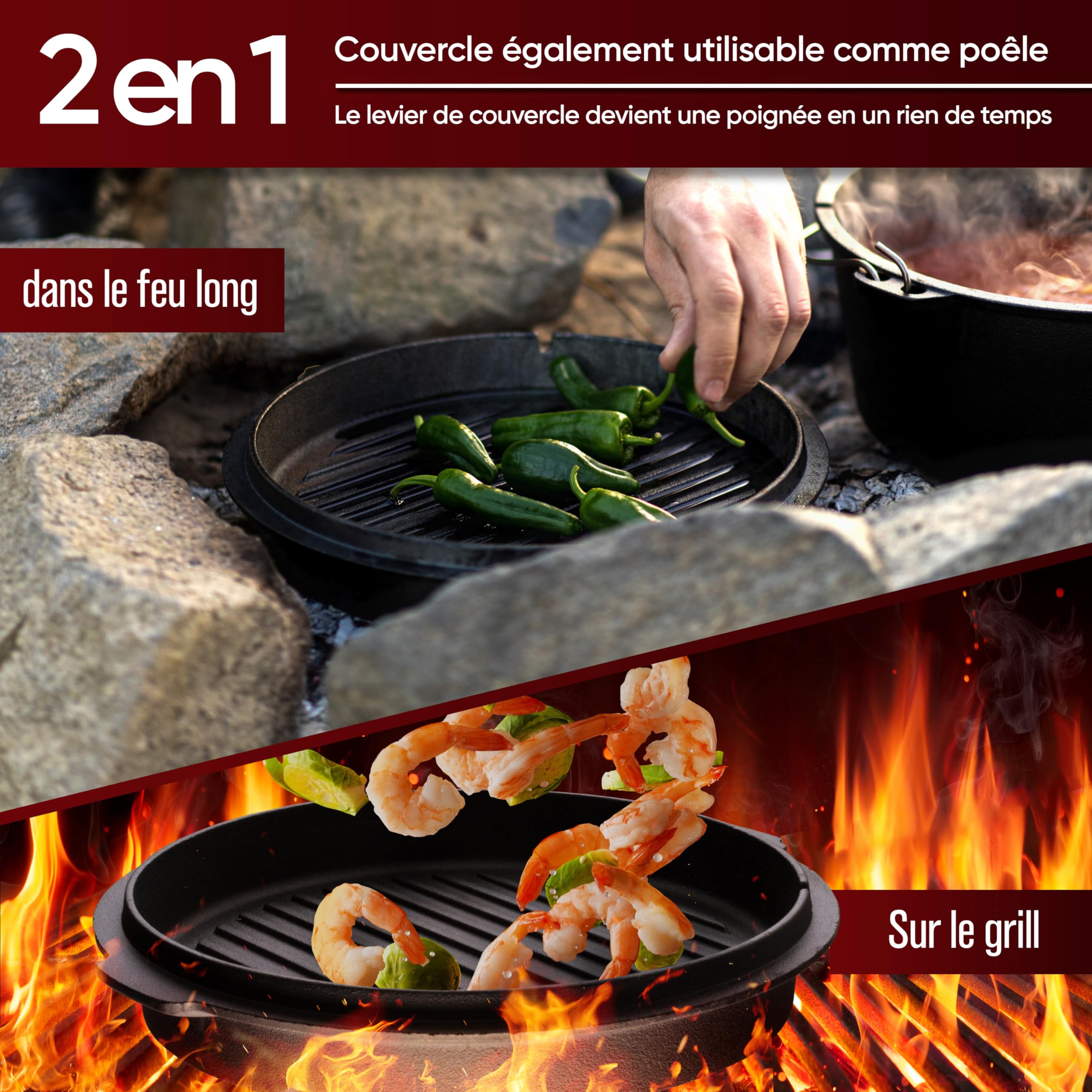 GUSSKÖNIG Ensemble Dutch Oven [12L] - Cocotte en fonte déjà assaisonnée avec levier de couvercle pratique et pieds