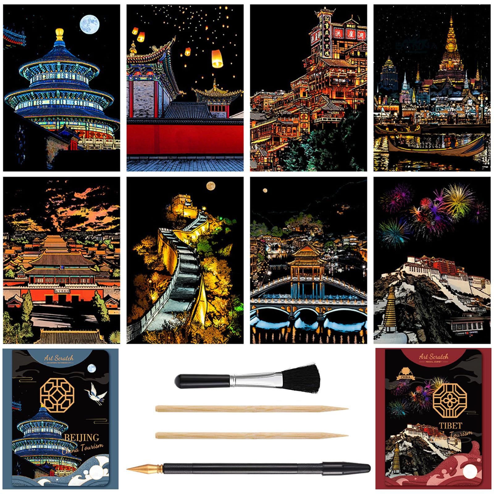 Rainbow Painting Scratch Art Pads Crafts Set, Engraving Painting Landscape Scratchboard for Adults - 8 Pieces with Scratch off Tool （The Forbidden