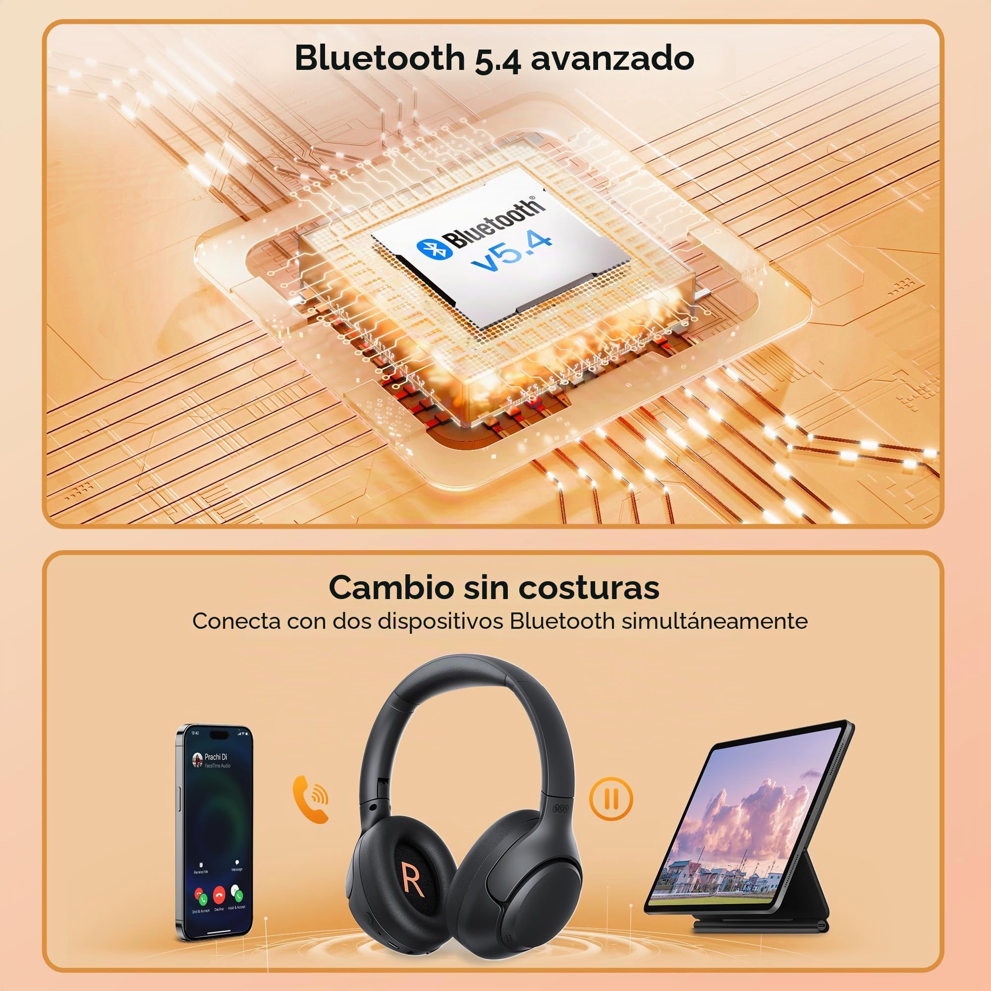QCY H3 Cascos Inalámbricos Bluetooth 5.4 Diadema con Cancelación de Ruido Activa Híbrida, Hi-Res Audio, 60 Horas de Reproducción, Plegables Auriculares Over Ear Compatible con iOS/Android