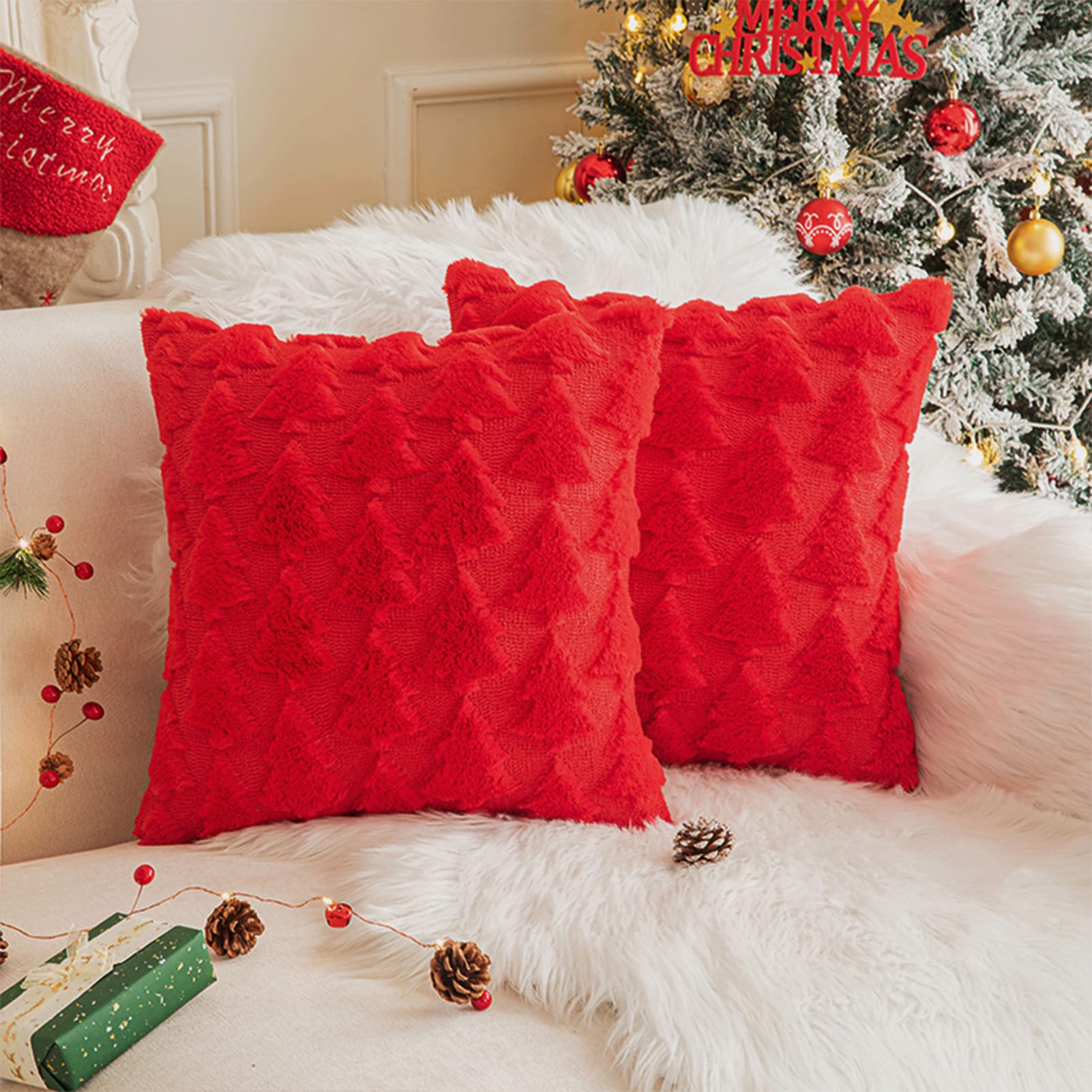 Federe per cuscini natalizie, decorazioni natalizie, federe quadrate per cuscini con alberi di Natale, confezione da 2, per divano, soggiorno, casa, rosso, 45 x 45 cm