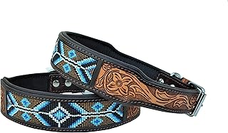 Affilare Leather Dog Collar Western Style Heavy Duty Hand Tooled Adjustable Beaded and Padded Soft for Puppies and Big Dogs 10AB017 Teal Black Silver Brown Large (Middle Notch at 23')