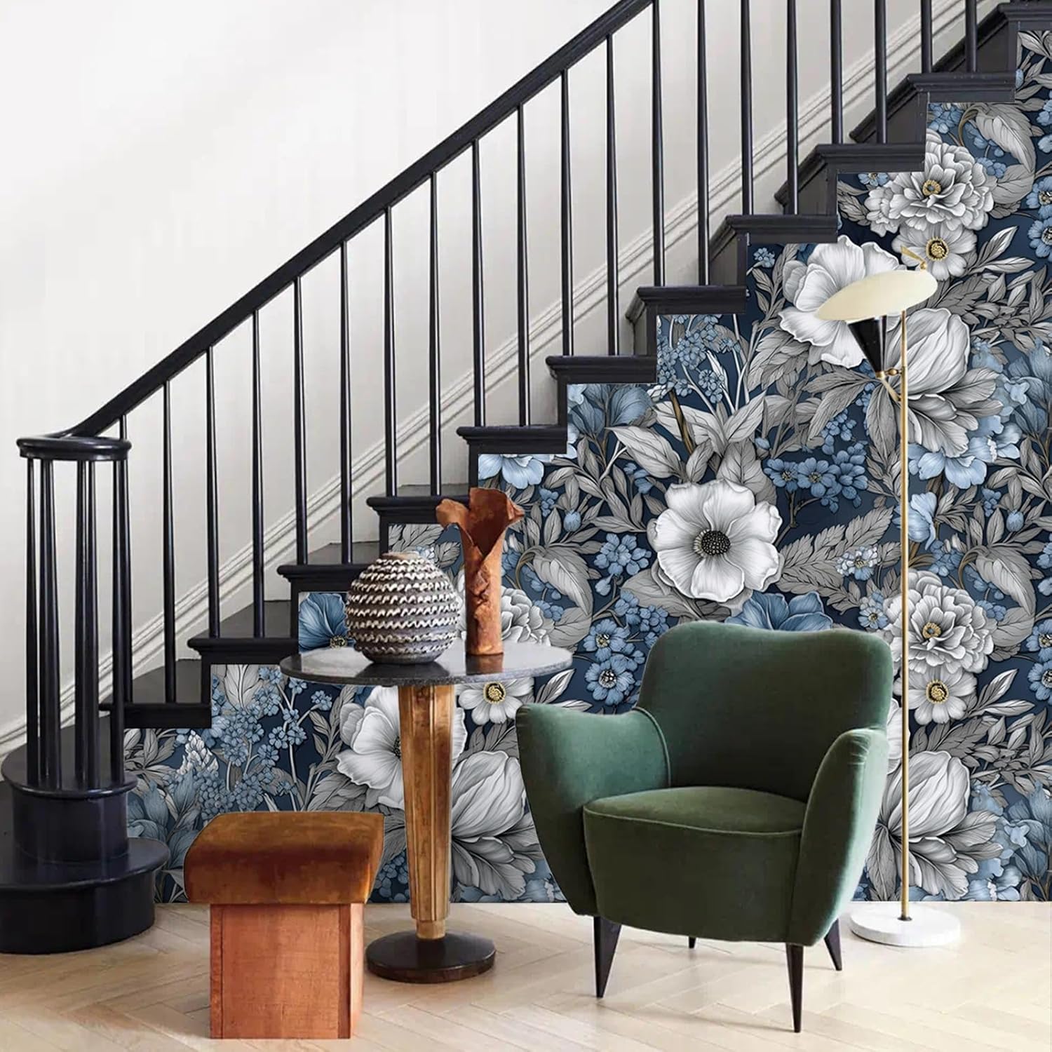 Vivid Blue Floral Wallpaper Self Adhesive Peel and Stick Grey Blooming Watercolor Botanical Peony Flower Leaf Contact Paper Removable Waterproof for Bedroom Renter Friendly 17.71"x236.2"
