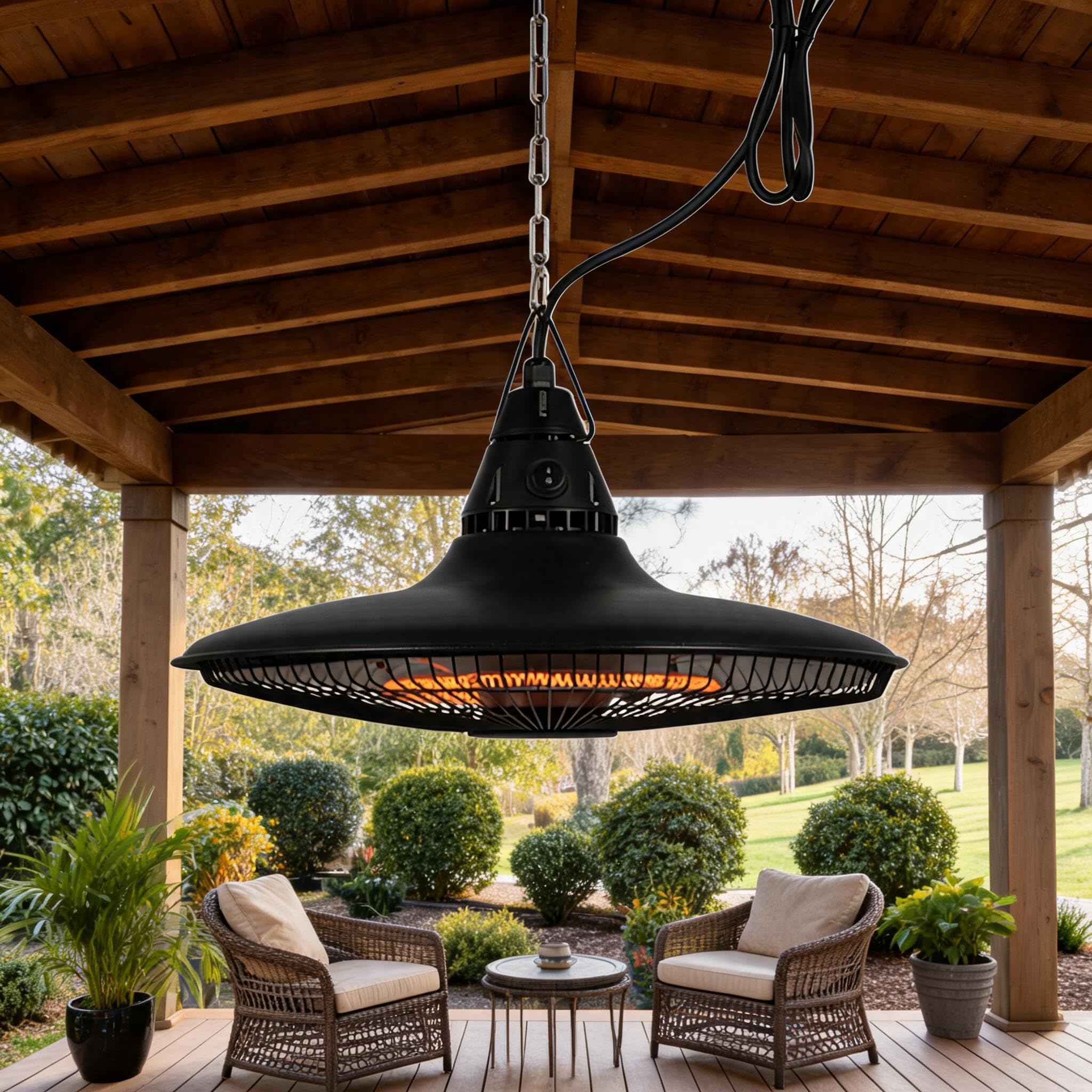 Chauffage terrasse suspendu 1500W, extérieur infrarouge noir aluminium