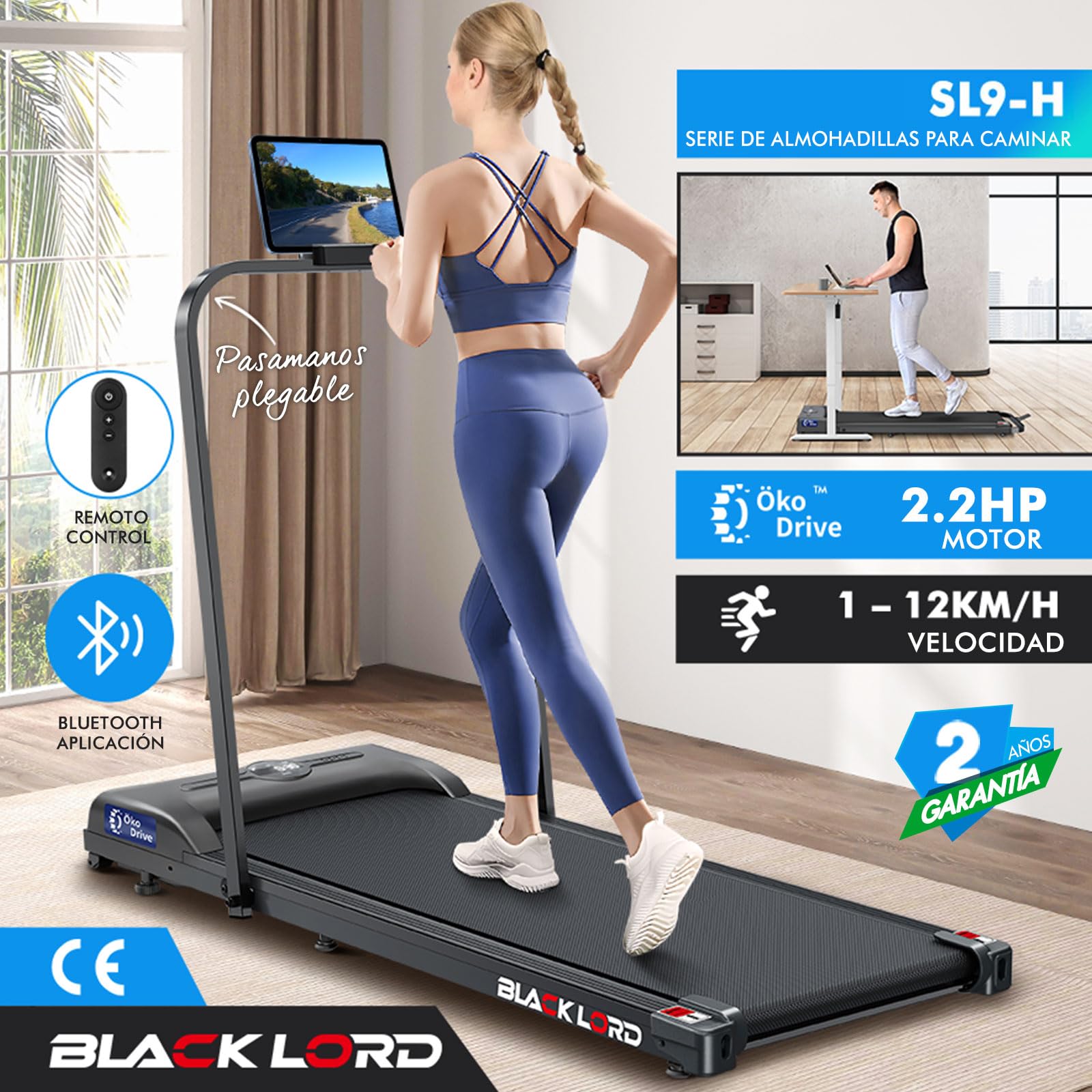 BLACK LORD Cinta de Correr 4 en 1, Walking Pads de 2.2 HP, silenciosa, 9/12 km/h, para Debajo del Escritorio con Altavoz Bluetooth, Equipo portátil para Hacer Ejercicio en casa, 120 kg, con/sin asa