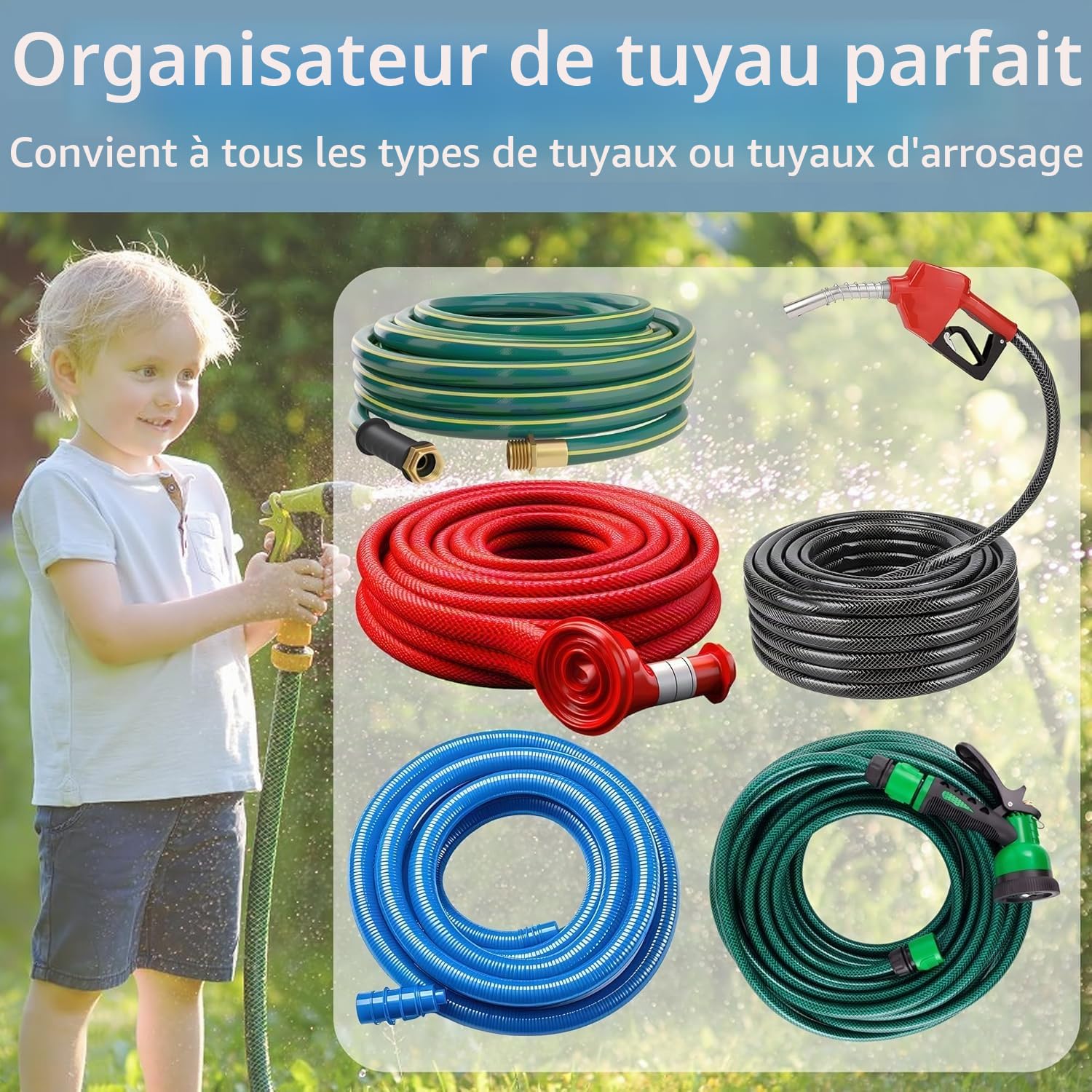 Lot de 2 supports de tuyau d'arrosage en métal - Support mural robuste pour montage mural - Enrouleur de tuyau réglable pour tuyaux d'eau - Rallonge de rangement
