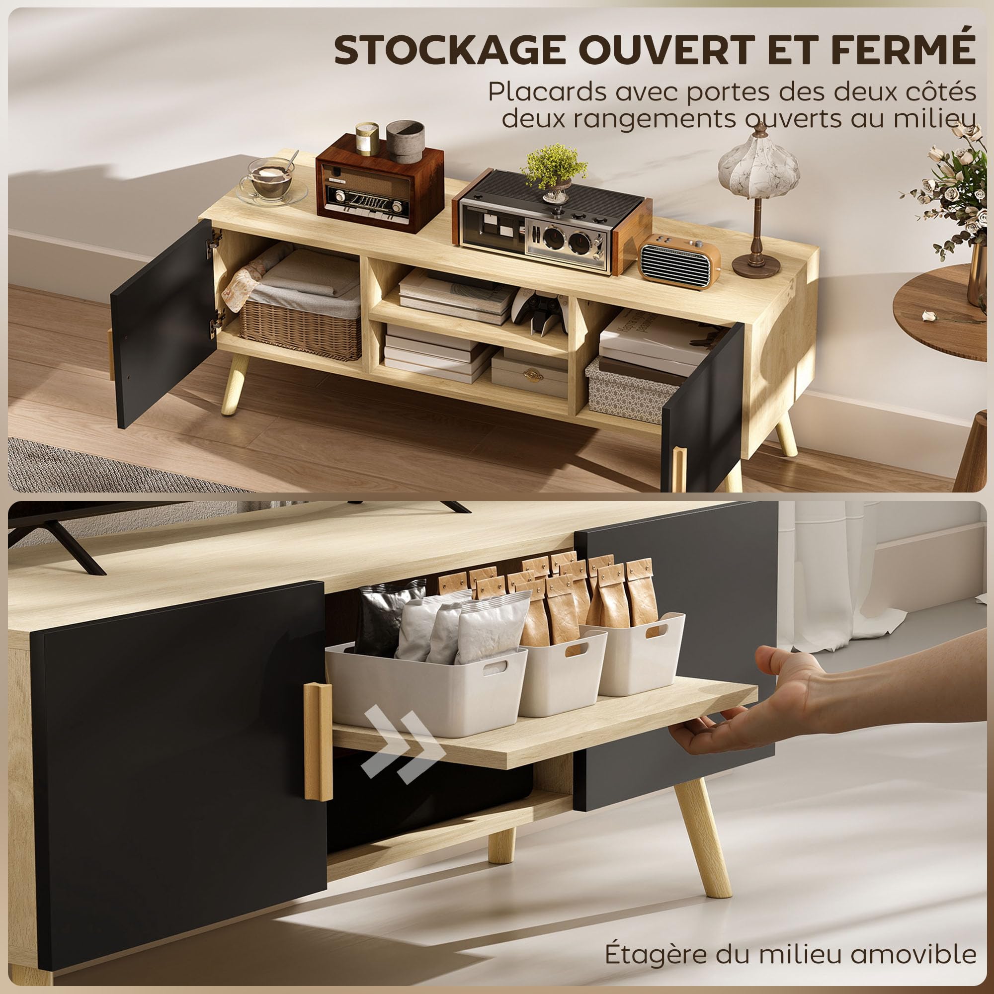 HOMCOM Meuble TV Meuble télé Bois Banc TV jusqu'à 50 Pouces avec étagères, 2 placards et Passe-câbles pour Salon, Chambre à Coucher, 110 x 36,2 x 42 cm, chêne et Noir