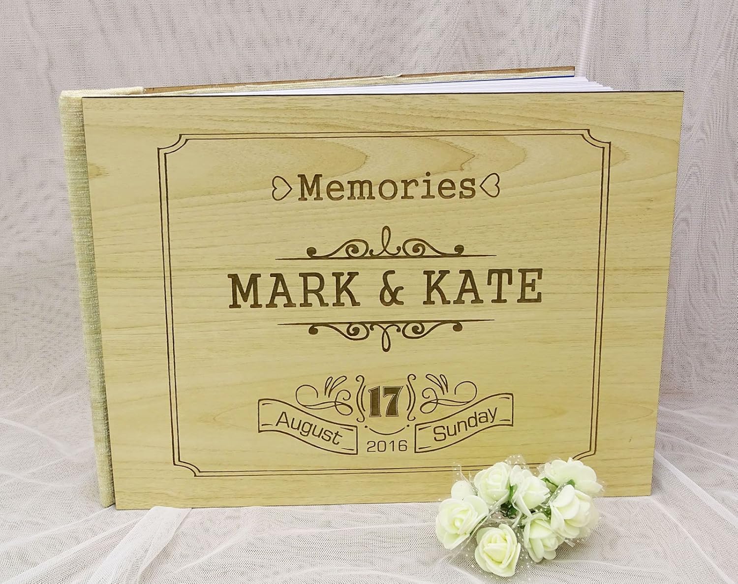 Personalised Wedding Guest Book Rustic Wood Wooden Engraved Guestbook Bride & Groom Advice Book - 50 Pages