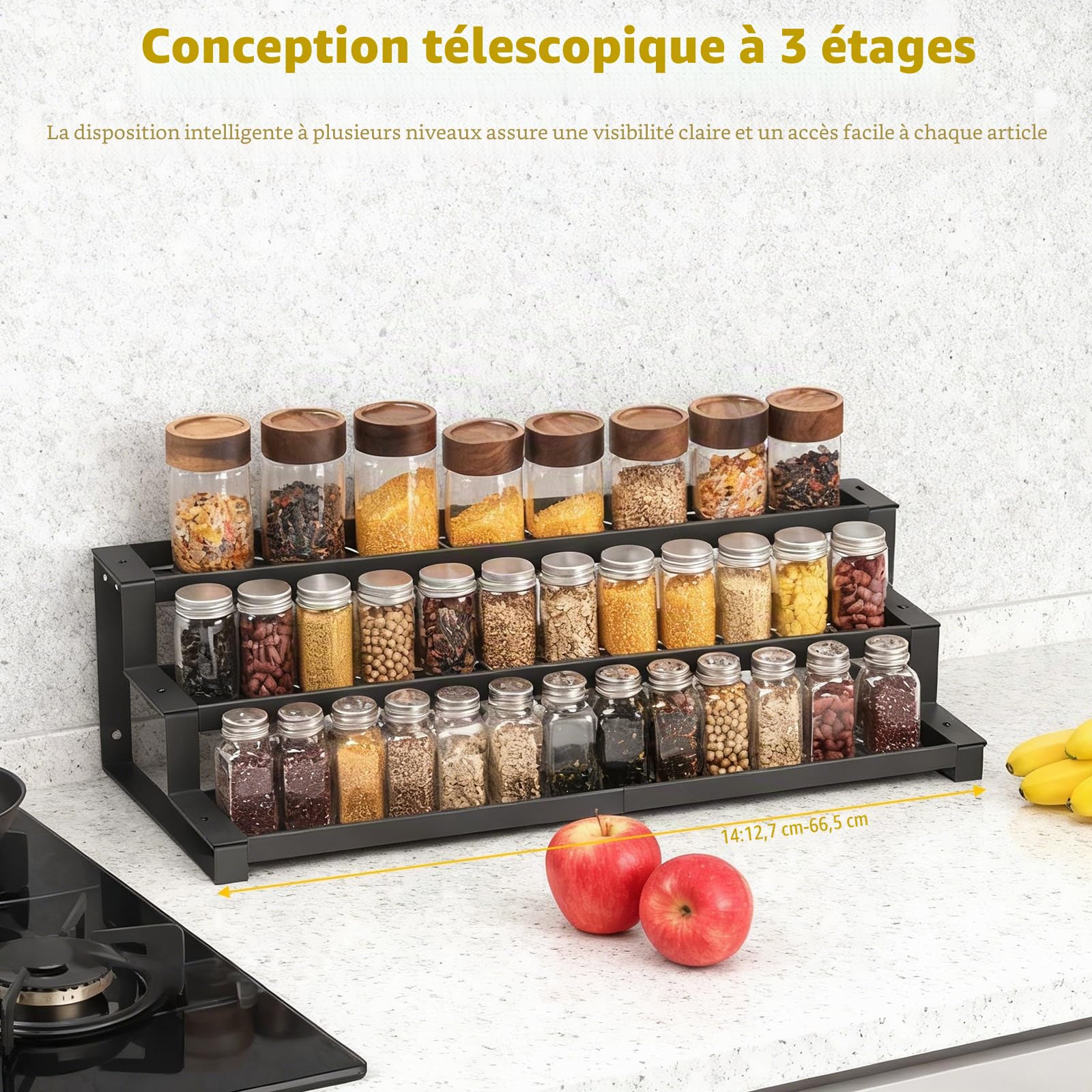 Étagère à épices à 3 niveaux extensible de 36 à 66 cm, grand organisateur d'assaisonnement, étagère à épices pour garde-manger, cuisine, comptoir, salle de bain