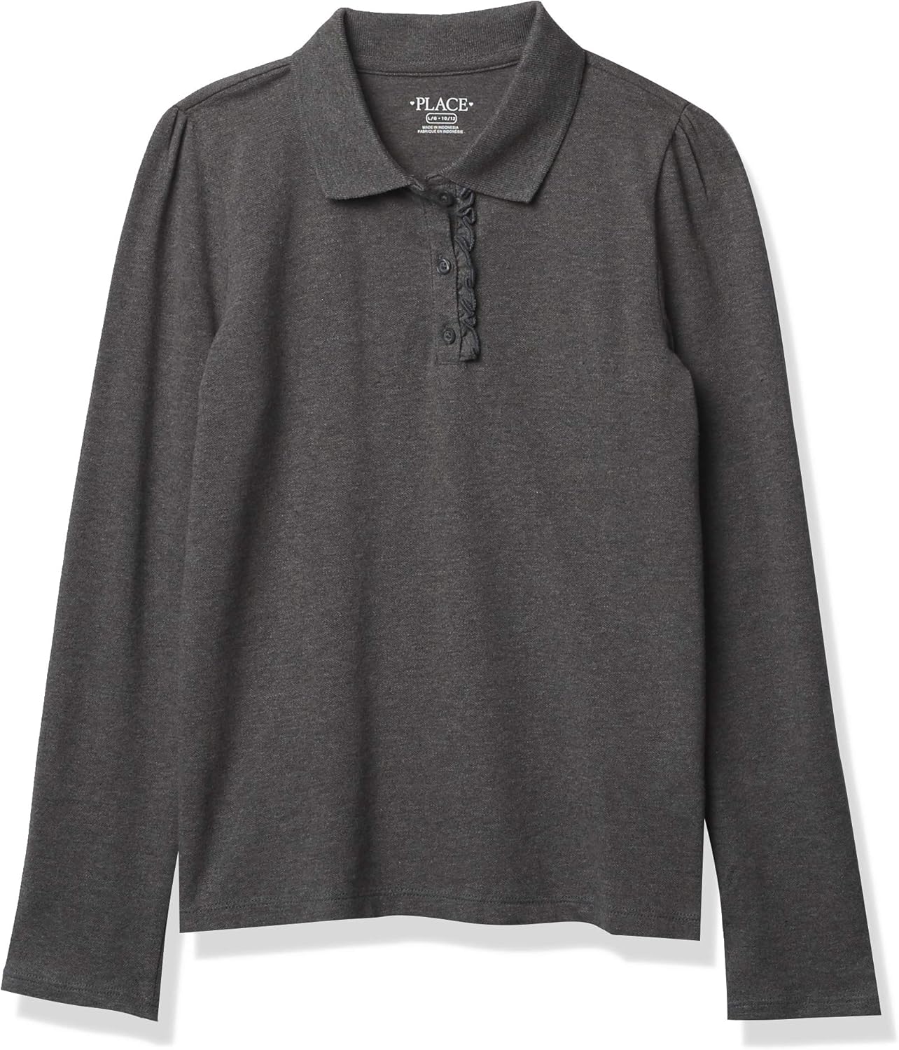 The Children's Place Girls' Long Sleeve Ruffle Pique Polo, Dk Heather Gray Single, X-Small
