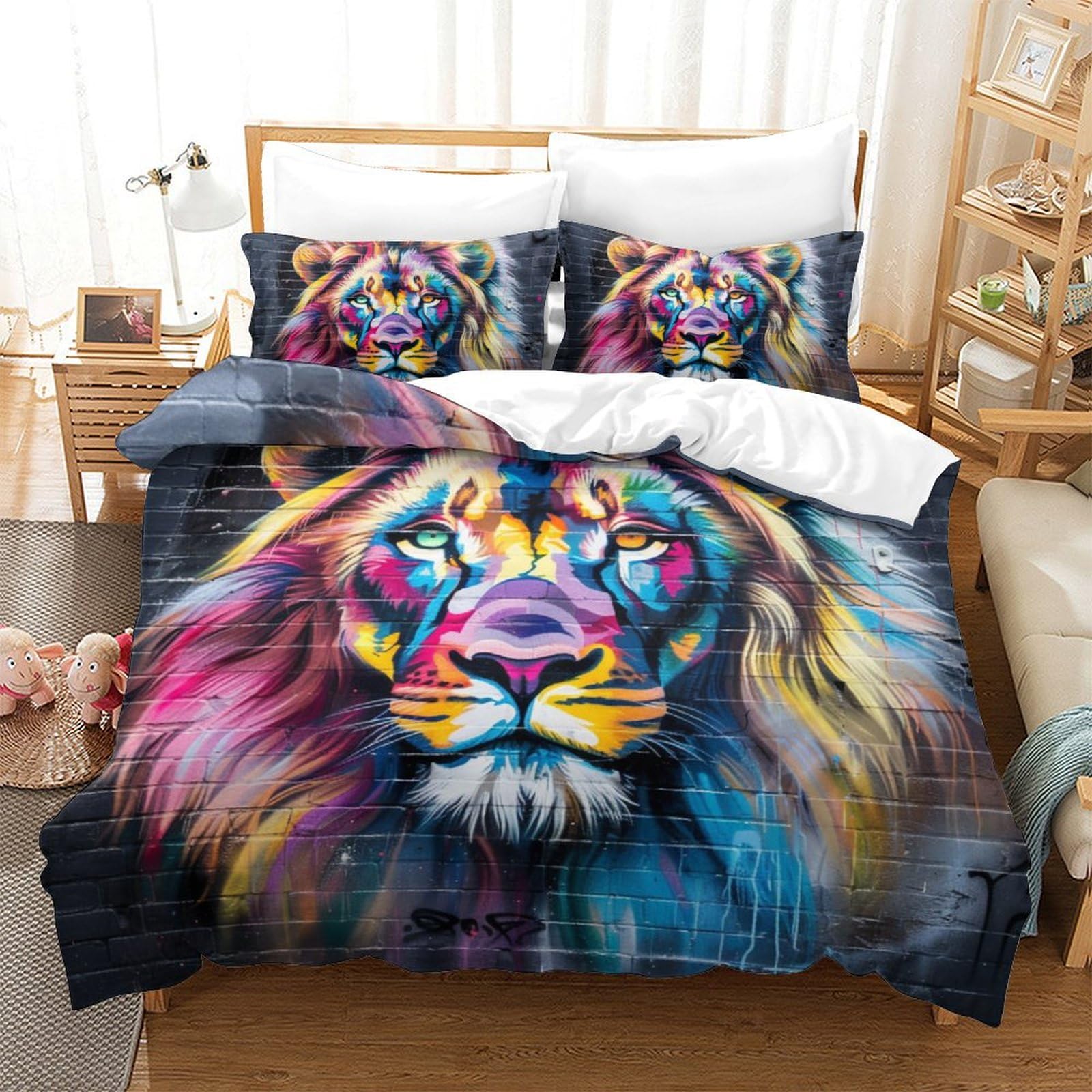 Housse de couette tigre 3D 220x240 parure de lit 3 pièces zippée