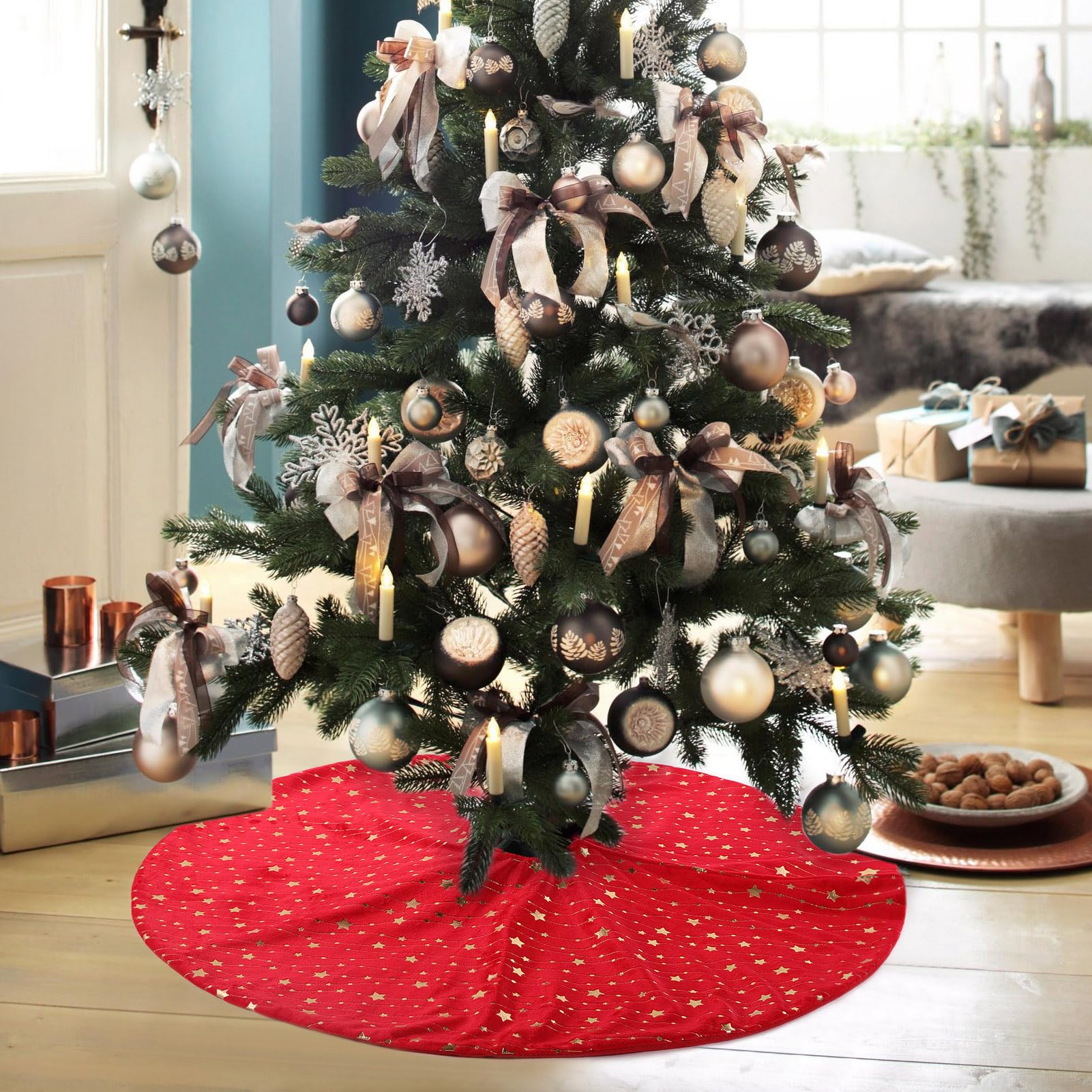 Micoden Kerstboomrok, 76 cm, luxe boomrok, glitter, pailletten, kerstboommat, dubbellaags, recyclebaar, kerstdecoratie voor feestdagen, pailletten, rood