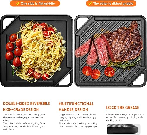 Miniatura 4 de GGC Plancha reversible de hierro fundido, sartén 2 en 1 para parrillas de gas y estufas, placa cuadrada de 10 x 10 pulgadas para hornear plana y