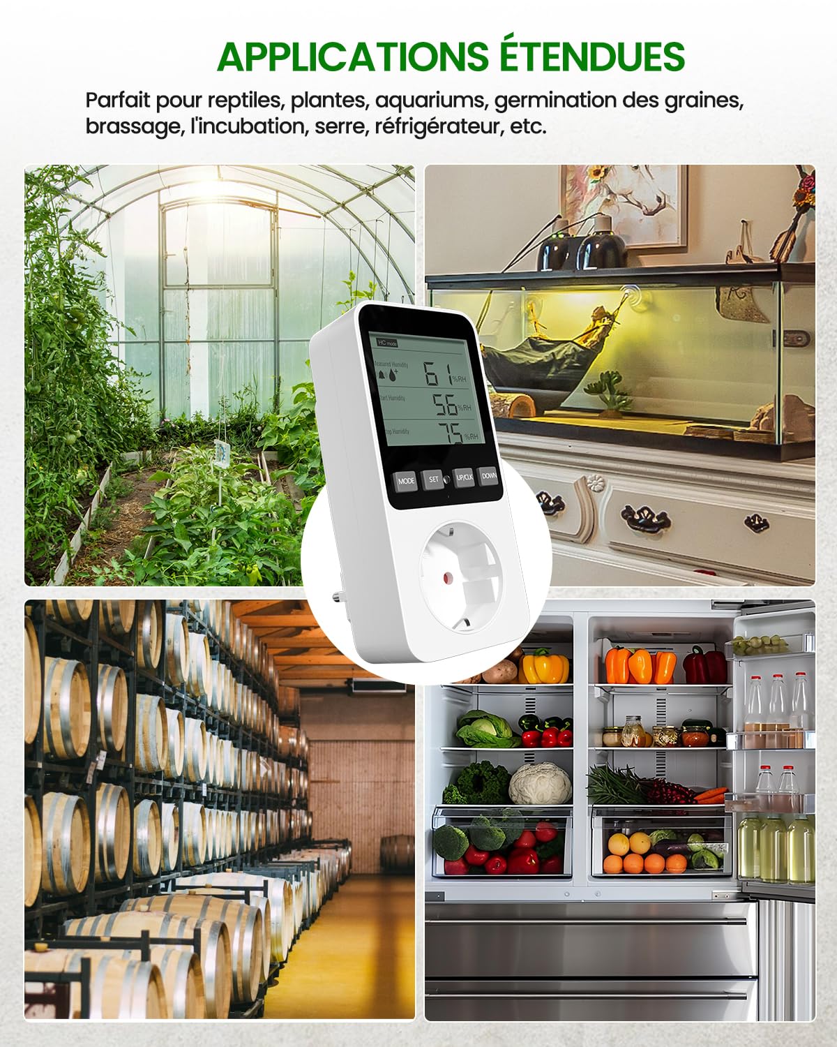 Prise Thermostat Hygrostat Numérique, Contrôleur de Température et d'humidité Prise avec Sonde, Alarme Régulateur Humidité Prise pour Terrarium Reptile Couveuse Incubateur Serre