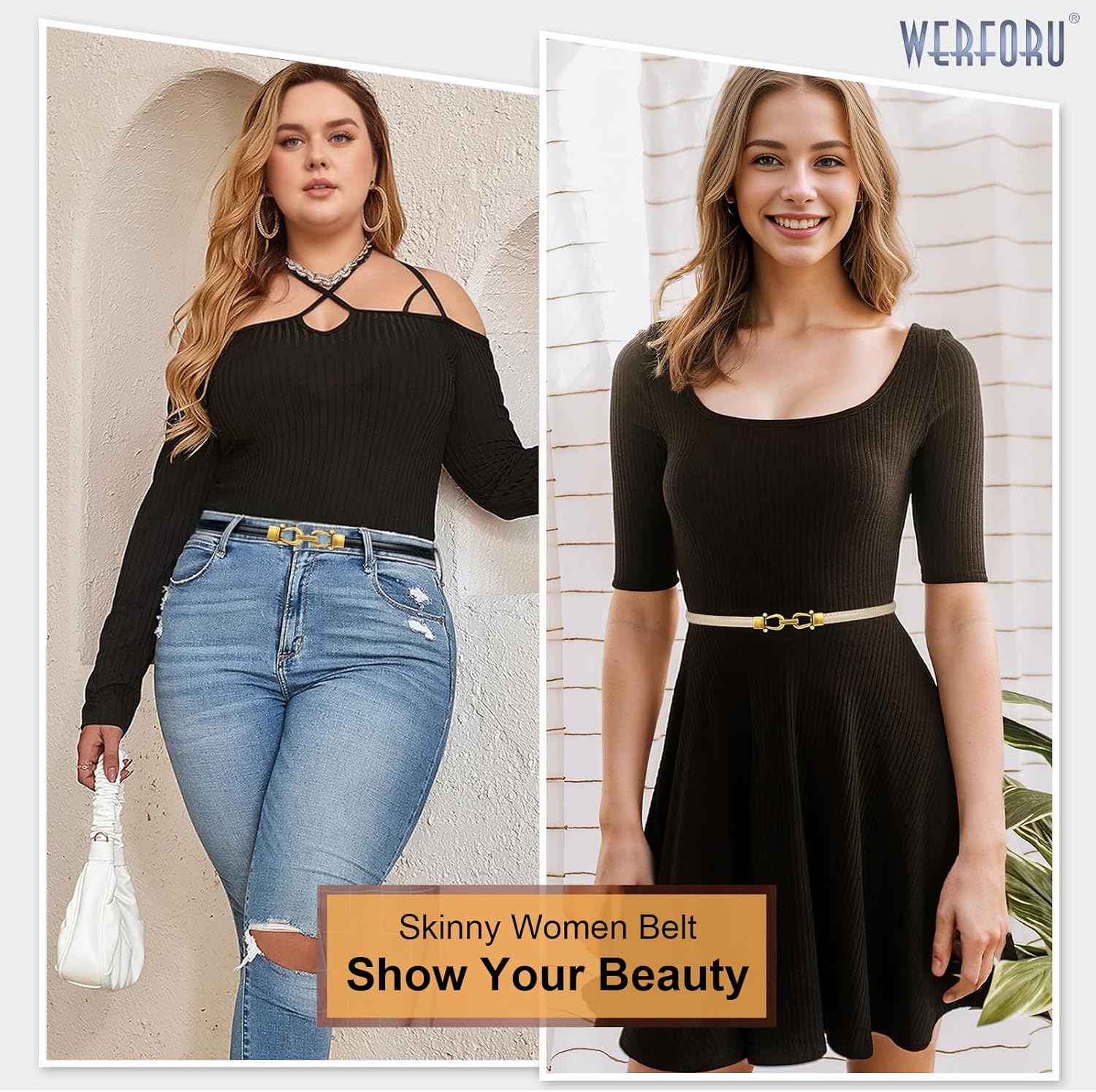 WERFORU Women Classic Leather Belt With Square Gold Silver Buckle For Jeans Pants - Image 2