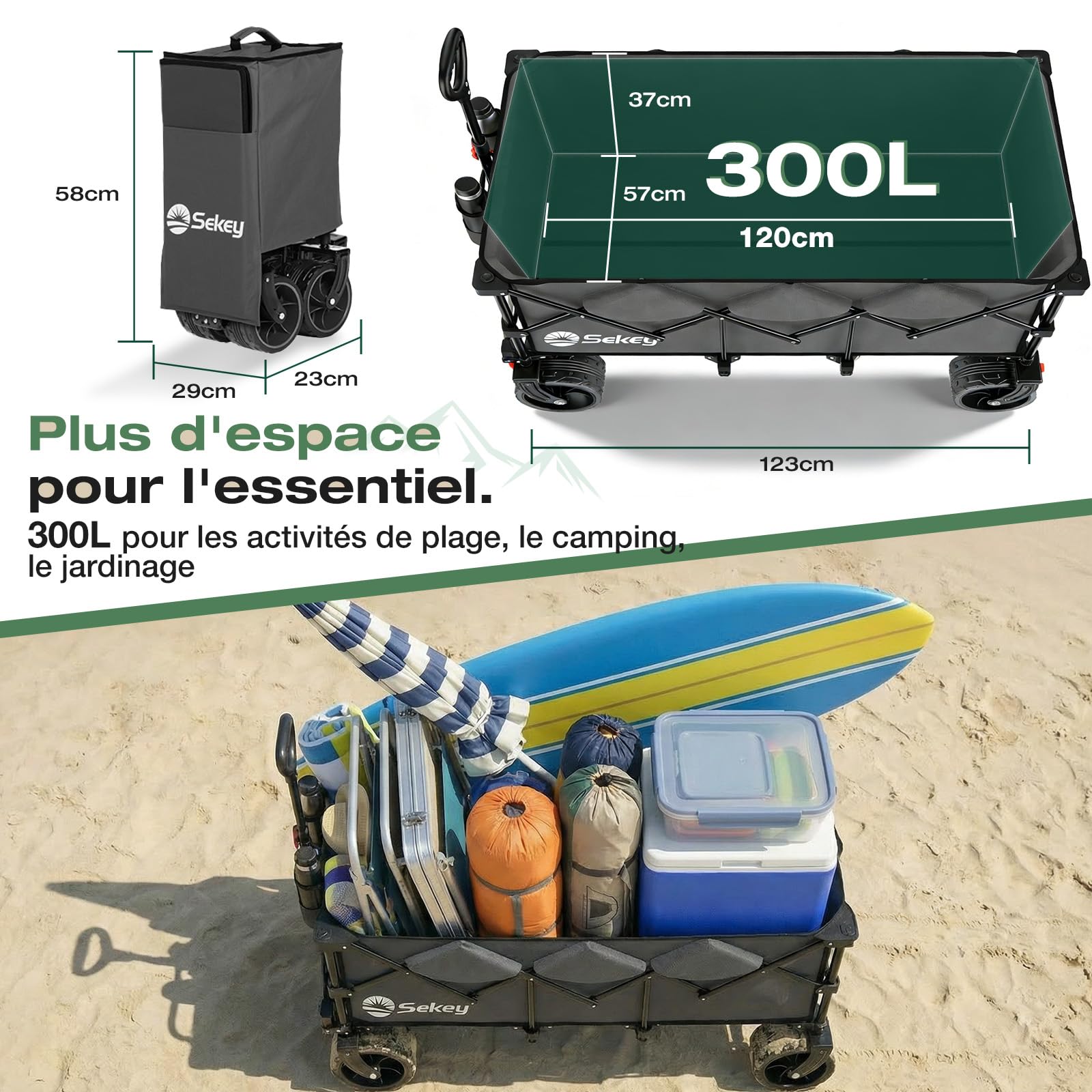 Sekey XXXL Chariot Pliable 300L 200KG, Modèle Allongé avec Roues Tout-Terrain 17x10 cm, Breveté Mécanisme 4-en-1 Dépliage Instantané, Anthracite