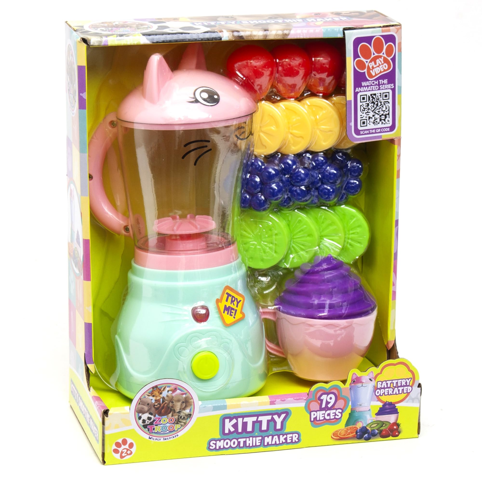 Boley Zoo Troop: Kitty Smoothie Maker - 19 Pieces - Animal Themed Kitchen Playset, Battery Operated Toy Appliance, Food & Cooking Accessories, Kids Ages 2+