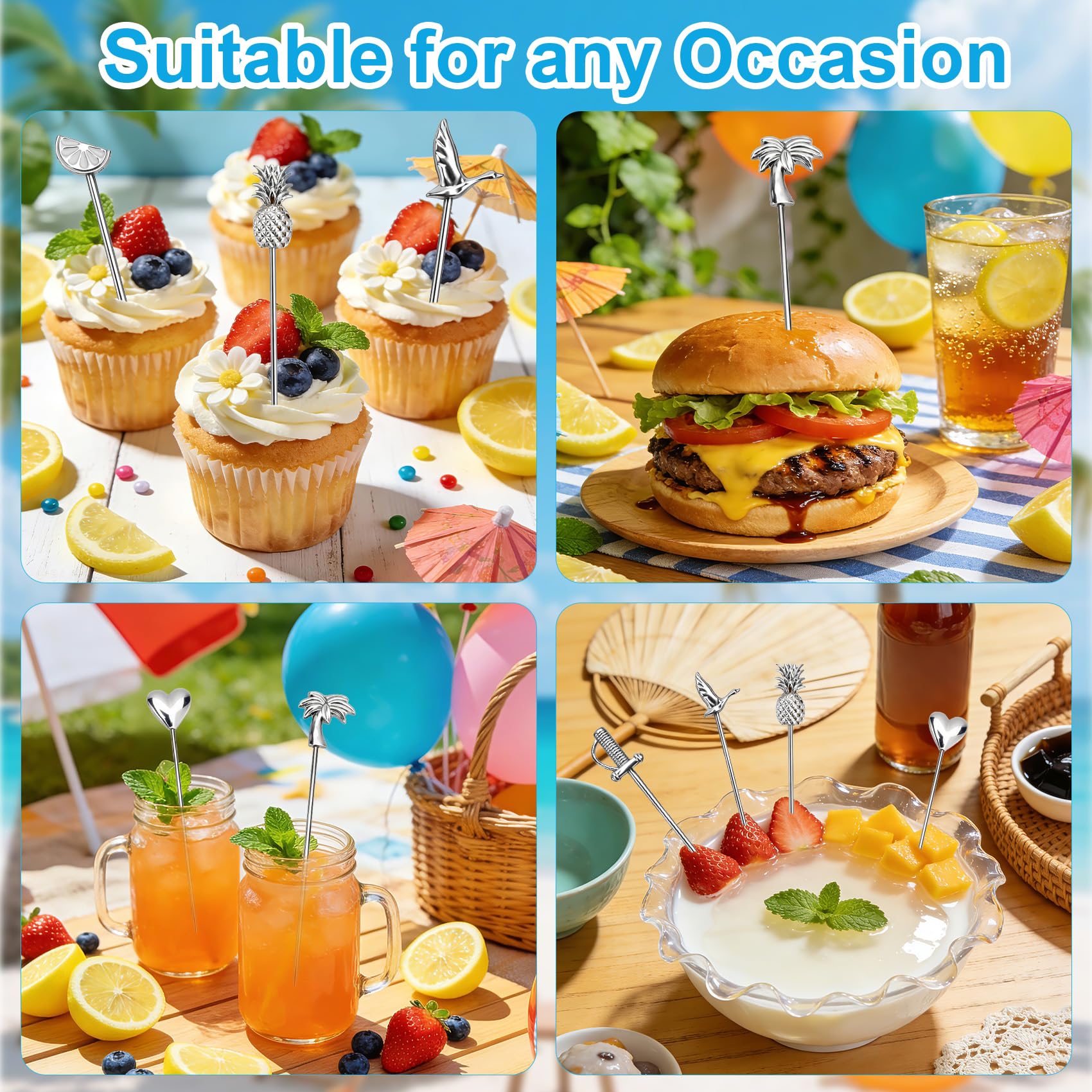 Palillos De Cóctel Acero Inoxidable,Palillos para Aperitivos,6Piezas Verano1,Decoración para Cócteles,Brochetas De Reutilizables para Sándwiche Aceituna Pastel Postre Eventos De Fiesta