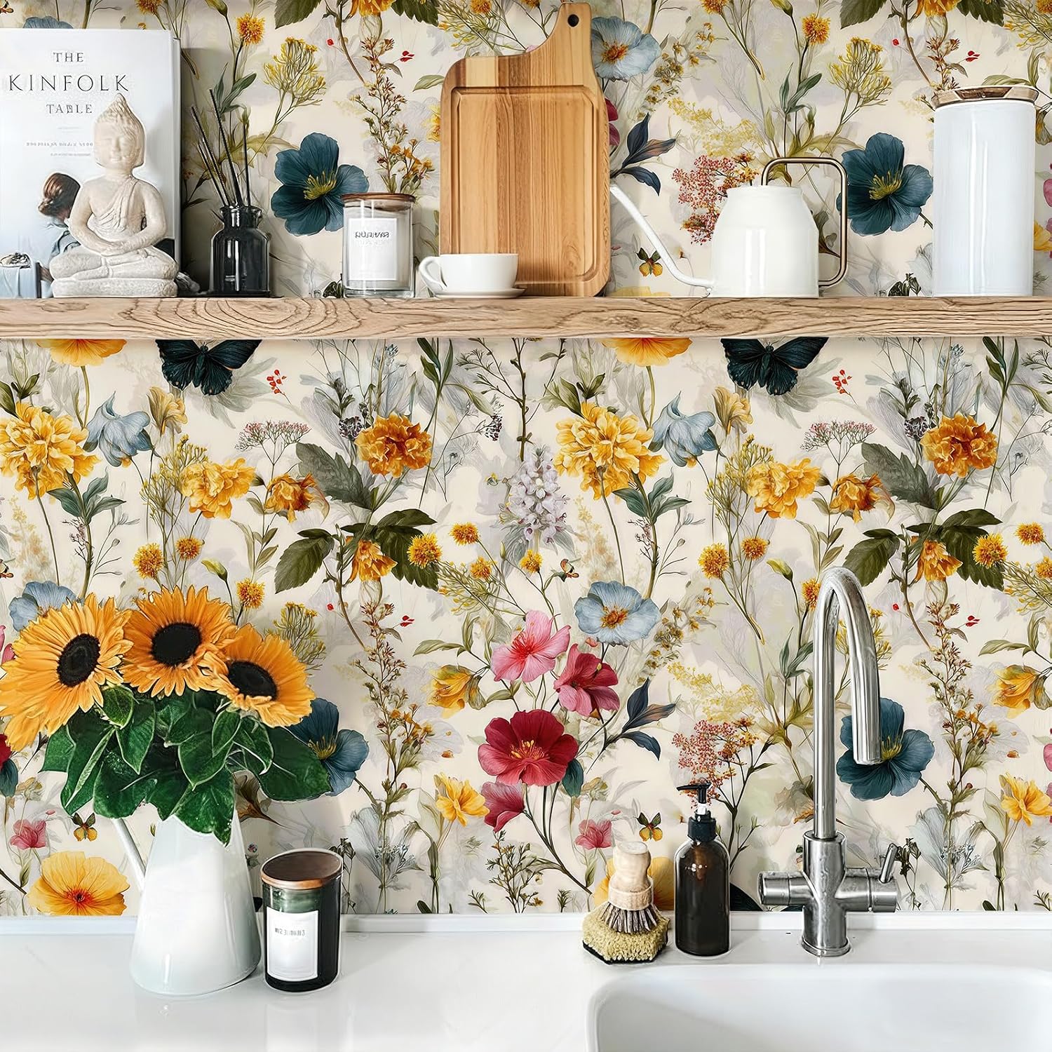 Peel and Stick Moody Vintage Contact Paper Removable Beige Butterfly Floral Wallpaper 17.7" x 236.22" Wall Paper Watercolor Self Adhesive for Classroom Bedroom Laundry Room Bathroom
