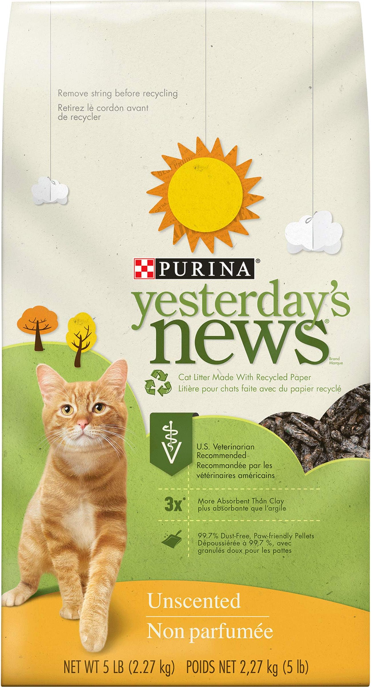 Purina Yesterday's News Non Clumping Paper Cat Litter, Unscented Low Tracking Cat Litter - (6) 5 lb. Bags