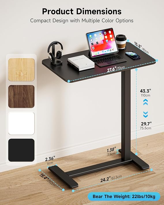 BIZUM Adjustable Bedside Table with Swivel Hidden Wheels Pneumatic Rolling Desk Mobile Standing Desk with Cup Holder for Hospital Home(70x40cm Black)