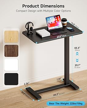 BIZUM Adjustable Bedside Table with Swivel Hidden Wheels Pneumatic Rolling Desk Mobile Standing Desk with Cup Holder for Hospital Home(70x40cm Black)