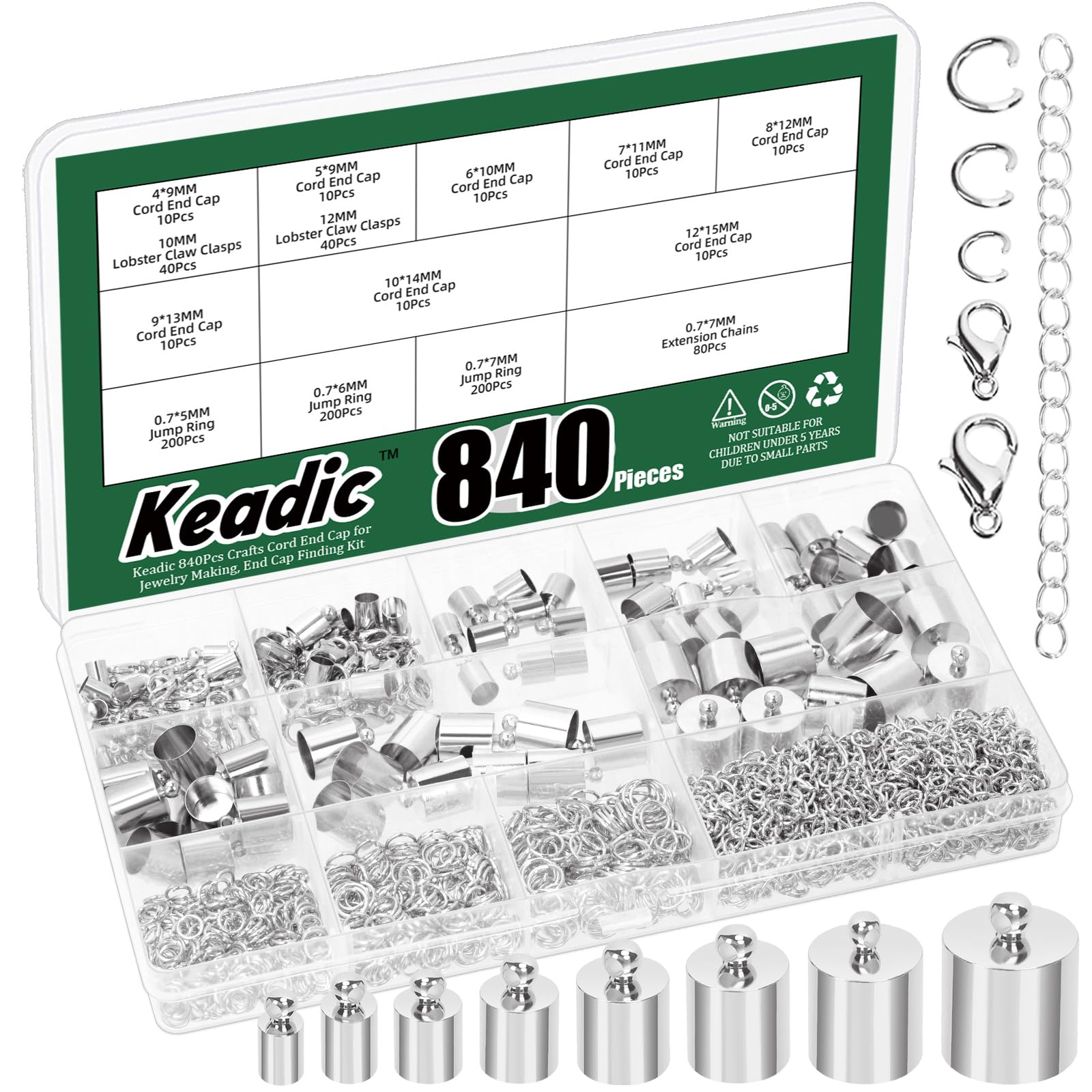 Keadic 840Pcs Crafts Tone Leather Cord End Caps,Jewelry Making Supplies Kit for Jewelry Making, Tassel Caps, 4mm to 12mm Cylinder Cord Ends, Kumihimo Supplies and Jewelry Findings（Silver）